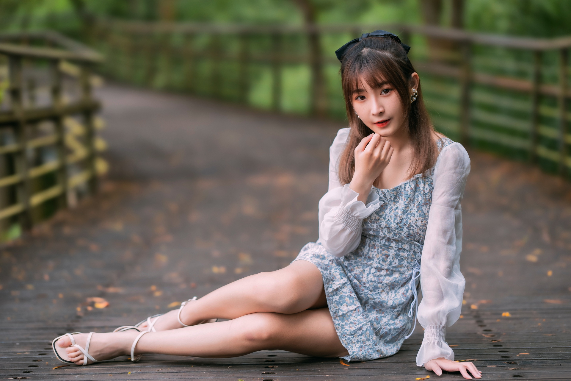 Asian Model Women Long Hair Dark Hair Depth Of Field Sitting Barefoot Sandal Fence Dress Earring Hai 1920x1280
