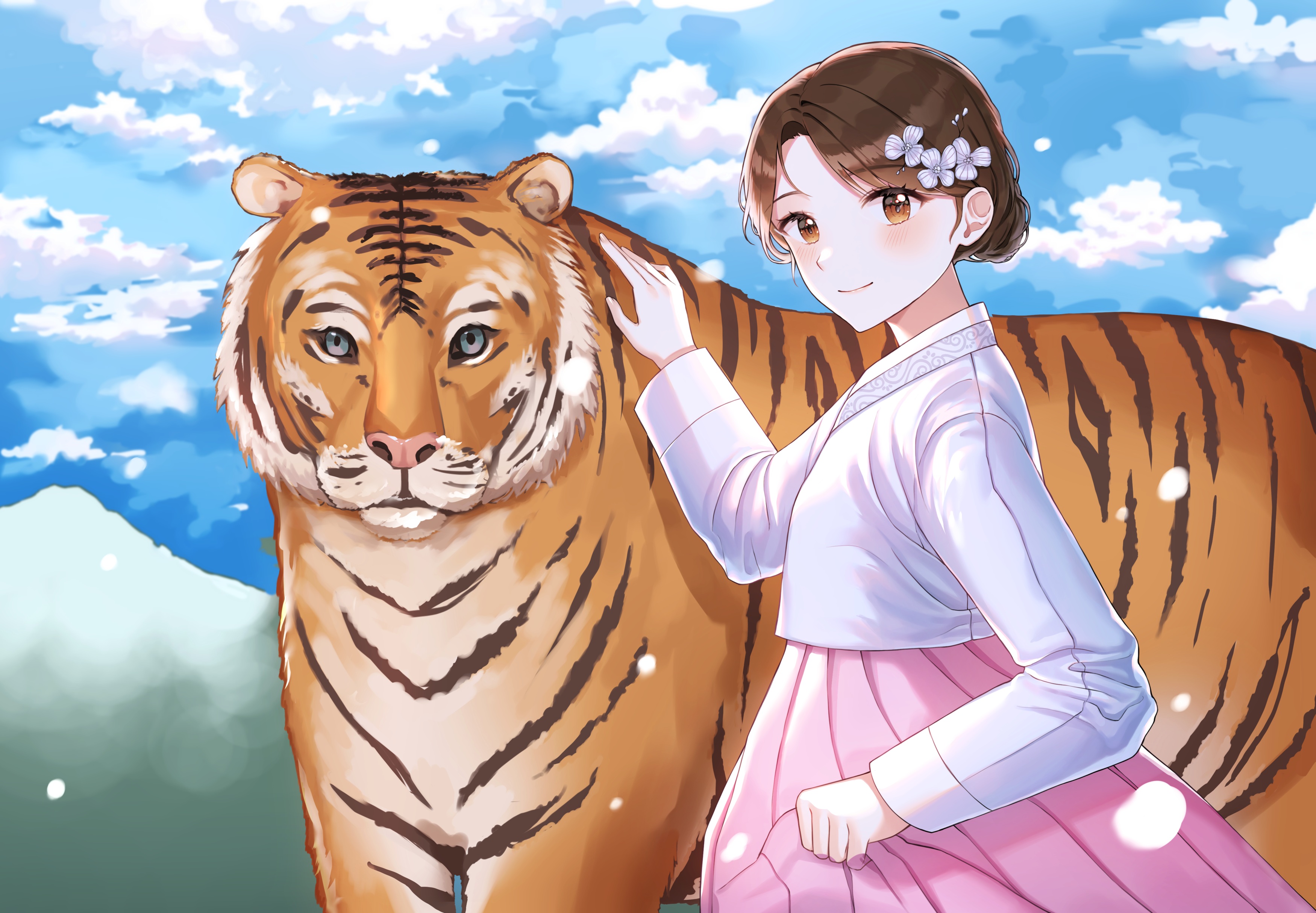 Anime Anime Girls Tiger Animals Mammals Big Cats Smiling Brunette Flower In Hair 3500x2429