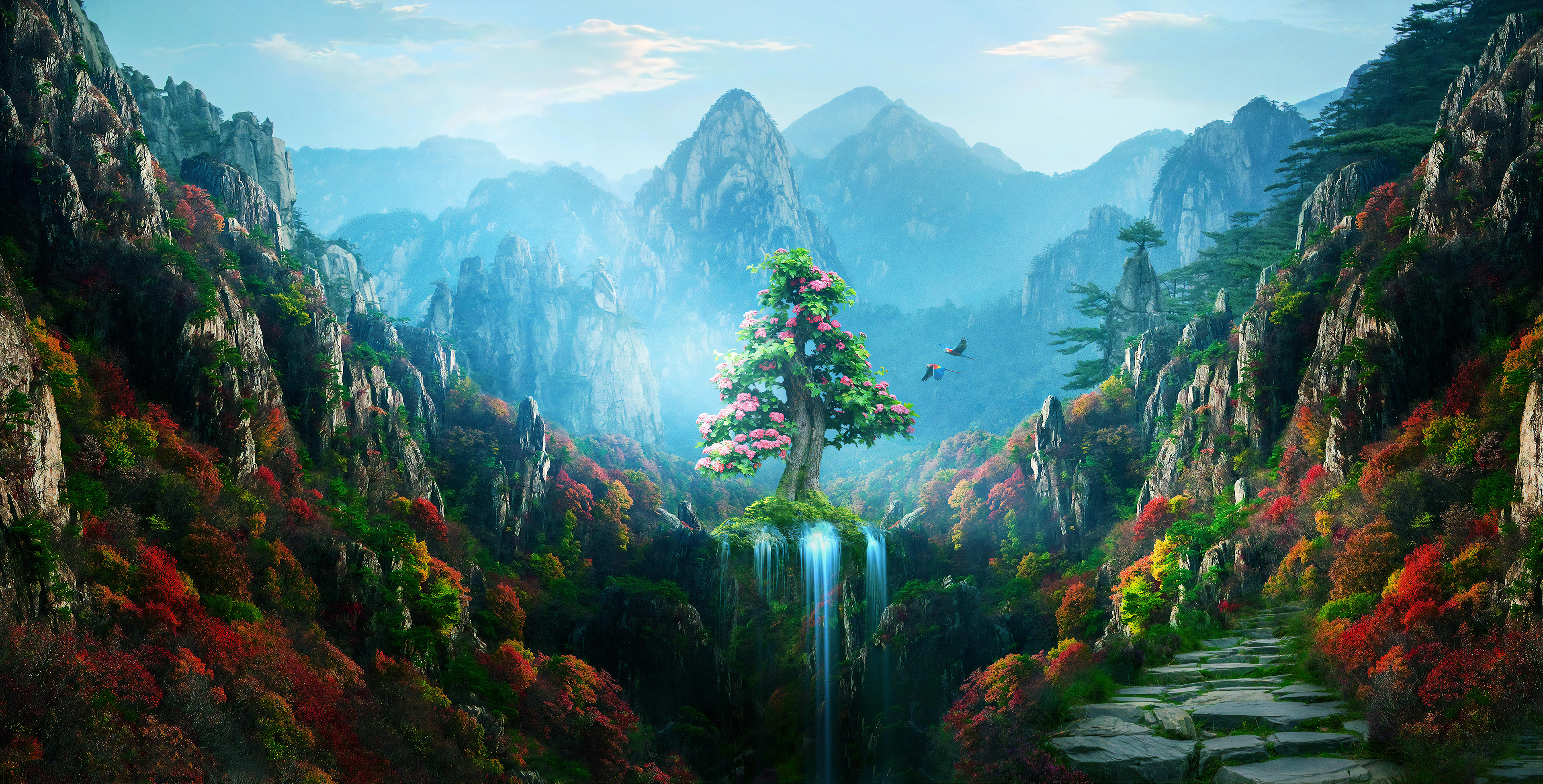 Forest Mountain Nature Tree Waterfall 3840x1953