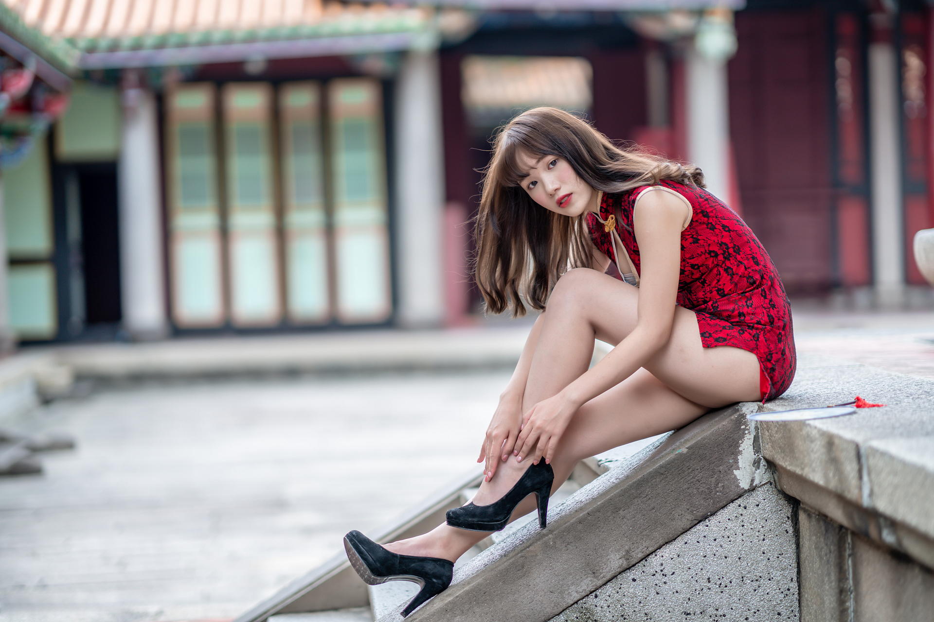 Asian Model Women Long Hair Dark Hair Sitting Stairs Depth Of Field Black Heels Traditional Clothing 1920x1280