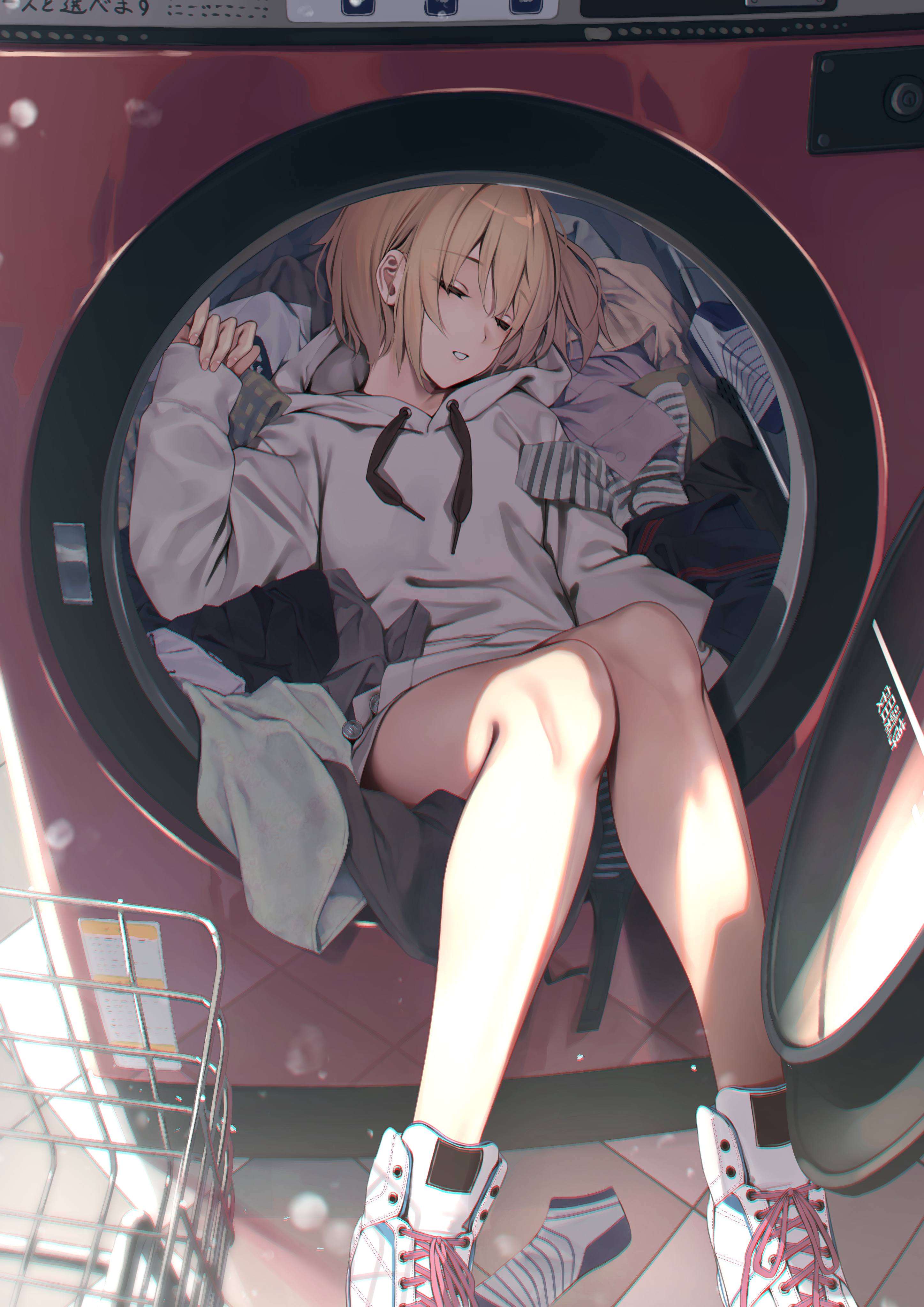 Anime Anime Girls Washing Machine Blonde Short Hair Sleeping Rerrere Artwork 2894x4093