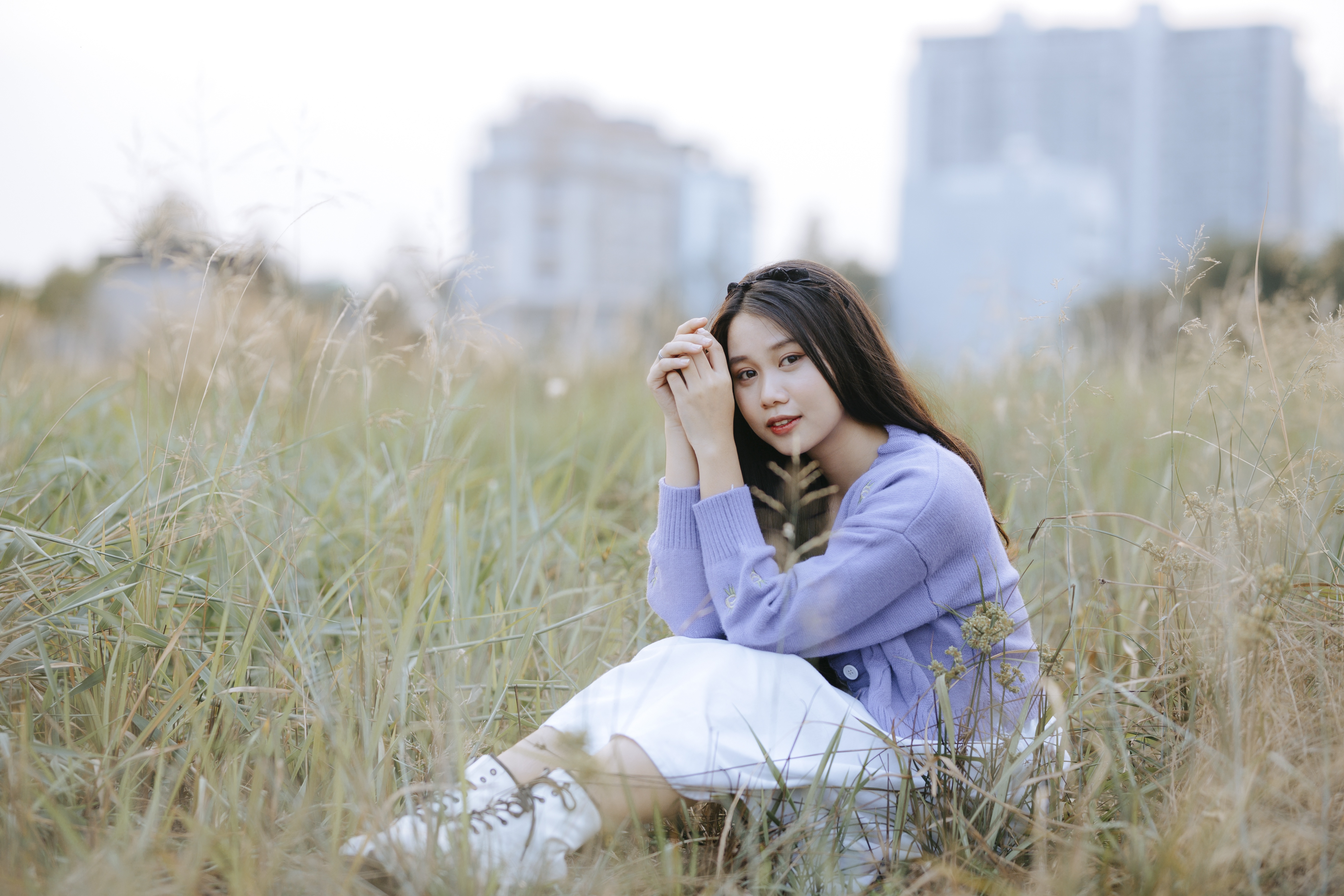 Asian Model Women Long Hair Dark Hair Sitting Field Depth Of Field White Boots White Skirt Pullover 5472x3648