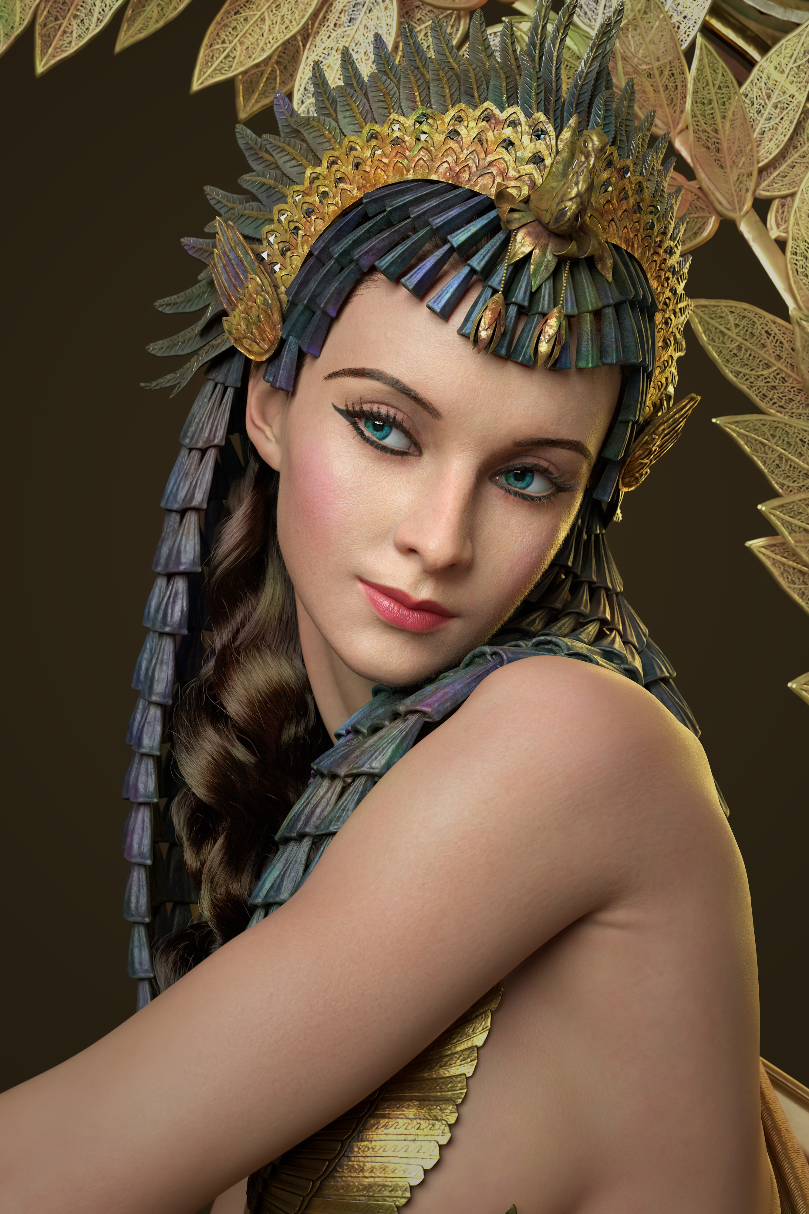 Qi Sheng Luo CGi Women Hair Accessories Dark Hair Cleopatra Blue Eyes Blush Gold Egyptian Looking Aw 2667x4000