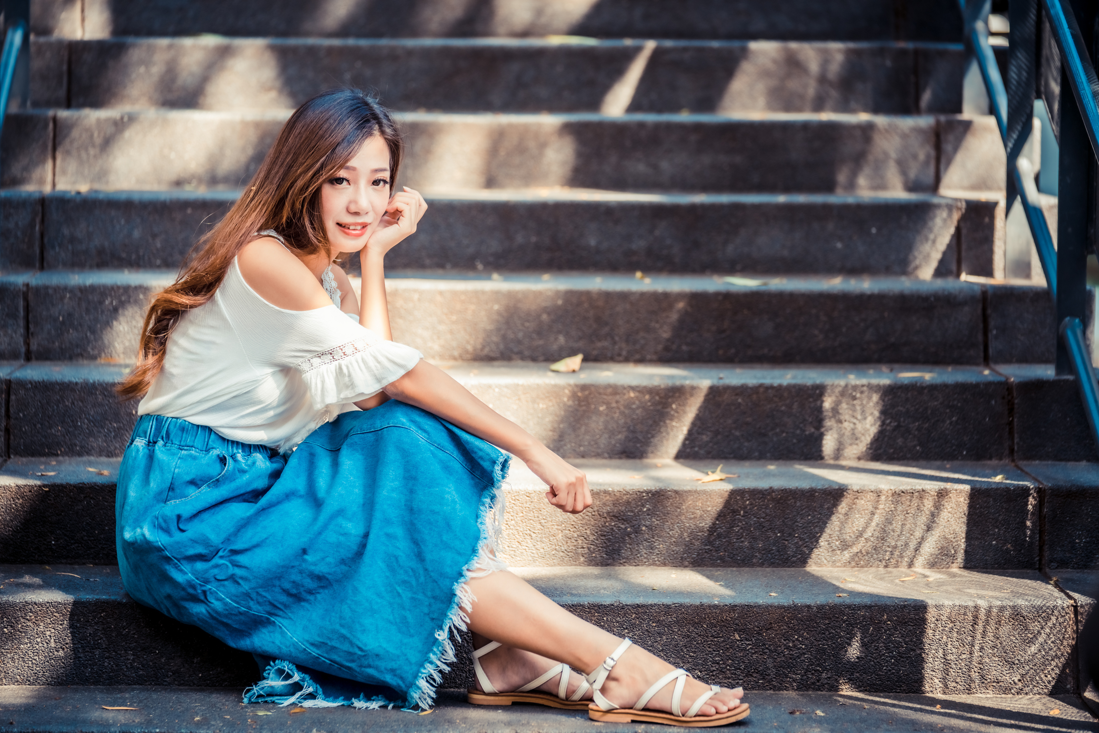 Asian Model Women Long Hair Dark Hair Depth Of Field Stairs Sitting Barefoot Sandal Long Skirt White 3840x2561