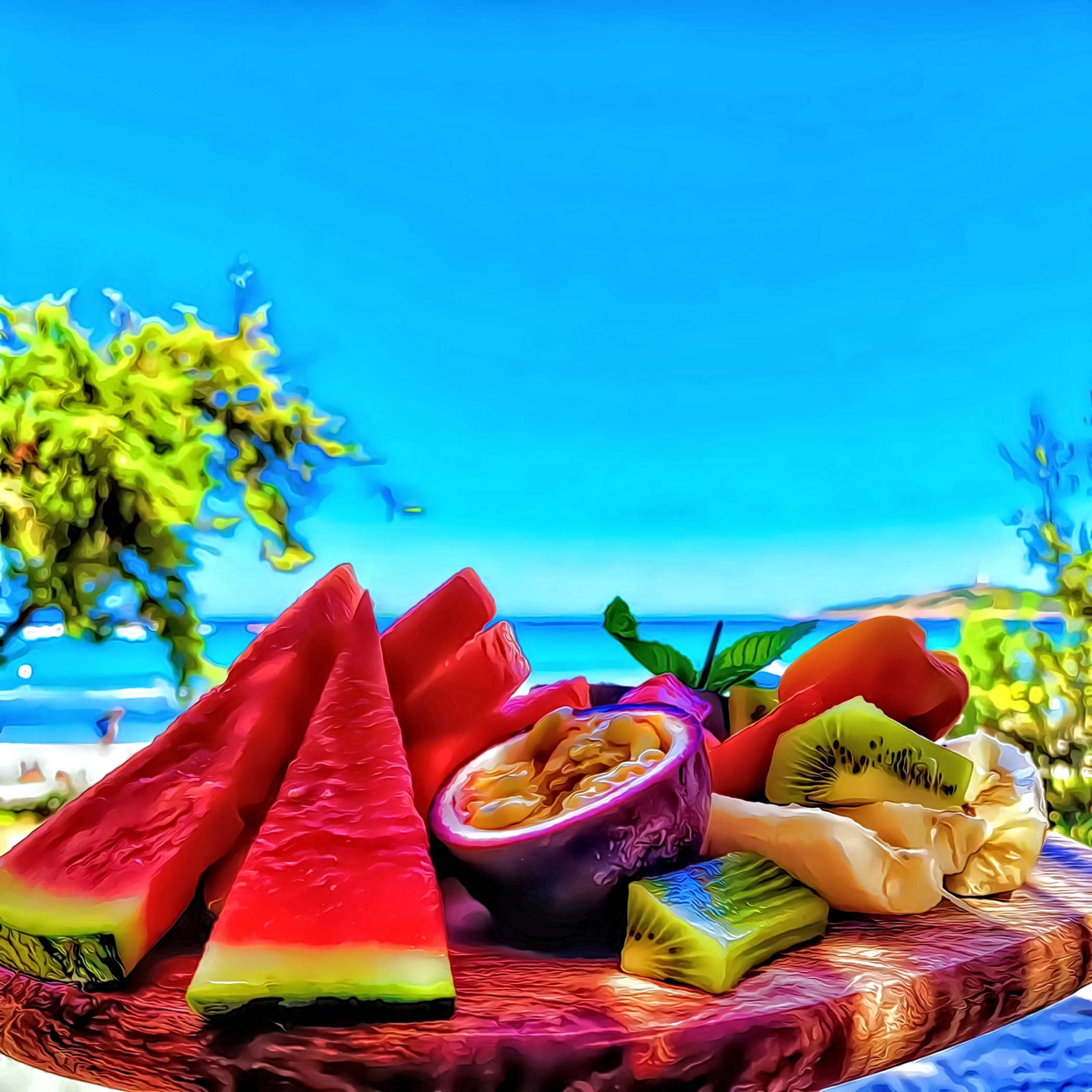 Artwork Digital Art Illustration DeviantArt Colorful Sky Still Life Watermelons Kiwi Fruit Sea Beach 2100x2100