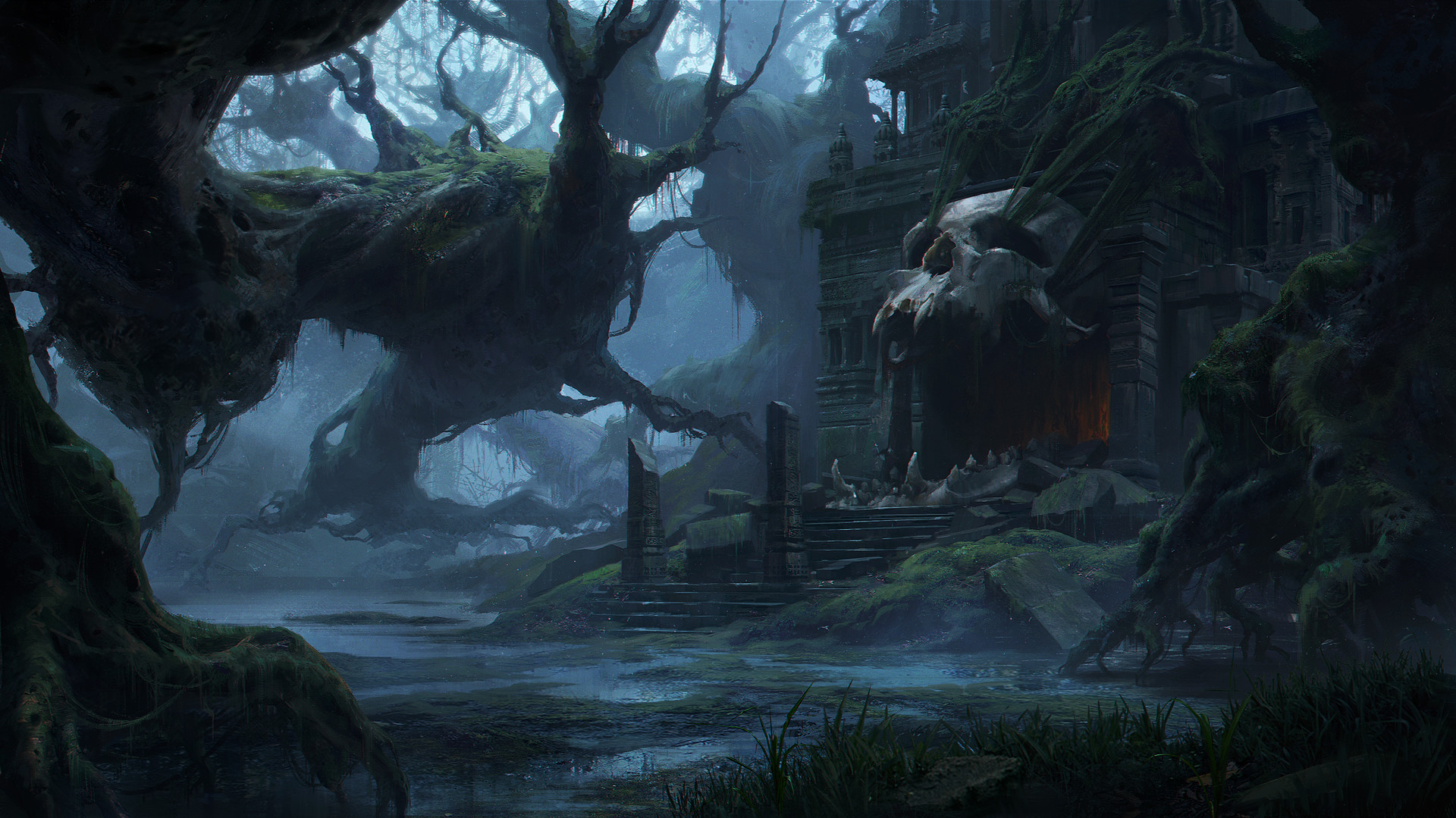 Skull Dark Tree Bark Castle Magic Evil Swamp Forest 1920x1079