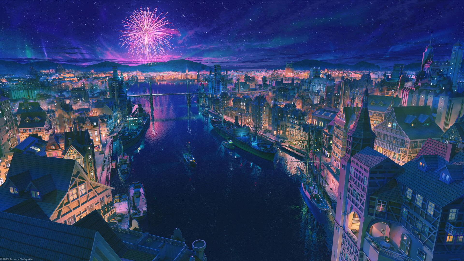 Arseniy Chebynkin ArseniXC ArtStation Cityscape 2019 Year Fireworks Sky River Ship City Lights Vehic 1920x1080