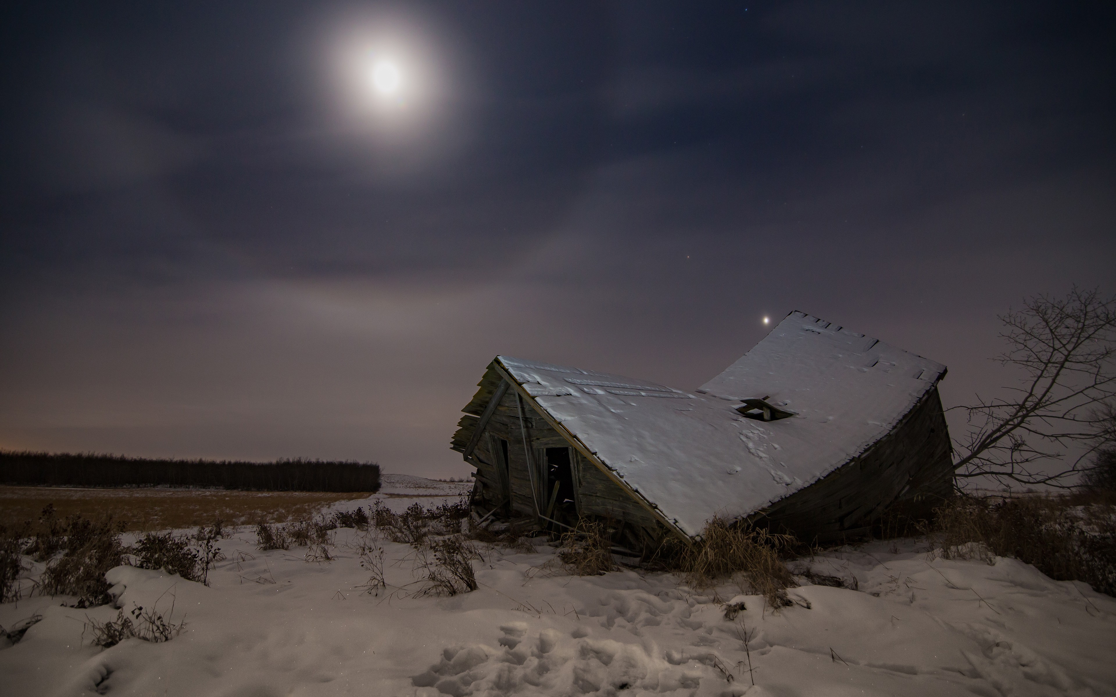Grass House Moon Ruin Sky Snow 3840x2400