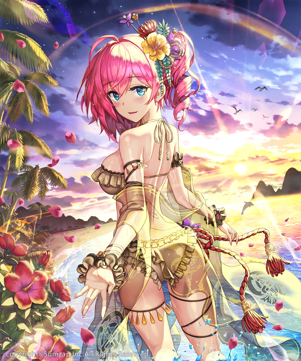 Pink Hair Blue Eyes Gold Bra Gold Characters Flowers Beach Sun Rays Mountains Birds Hair Accessories 1250x1500