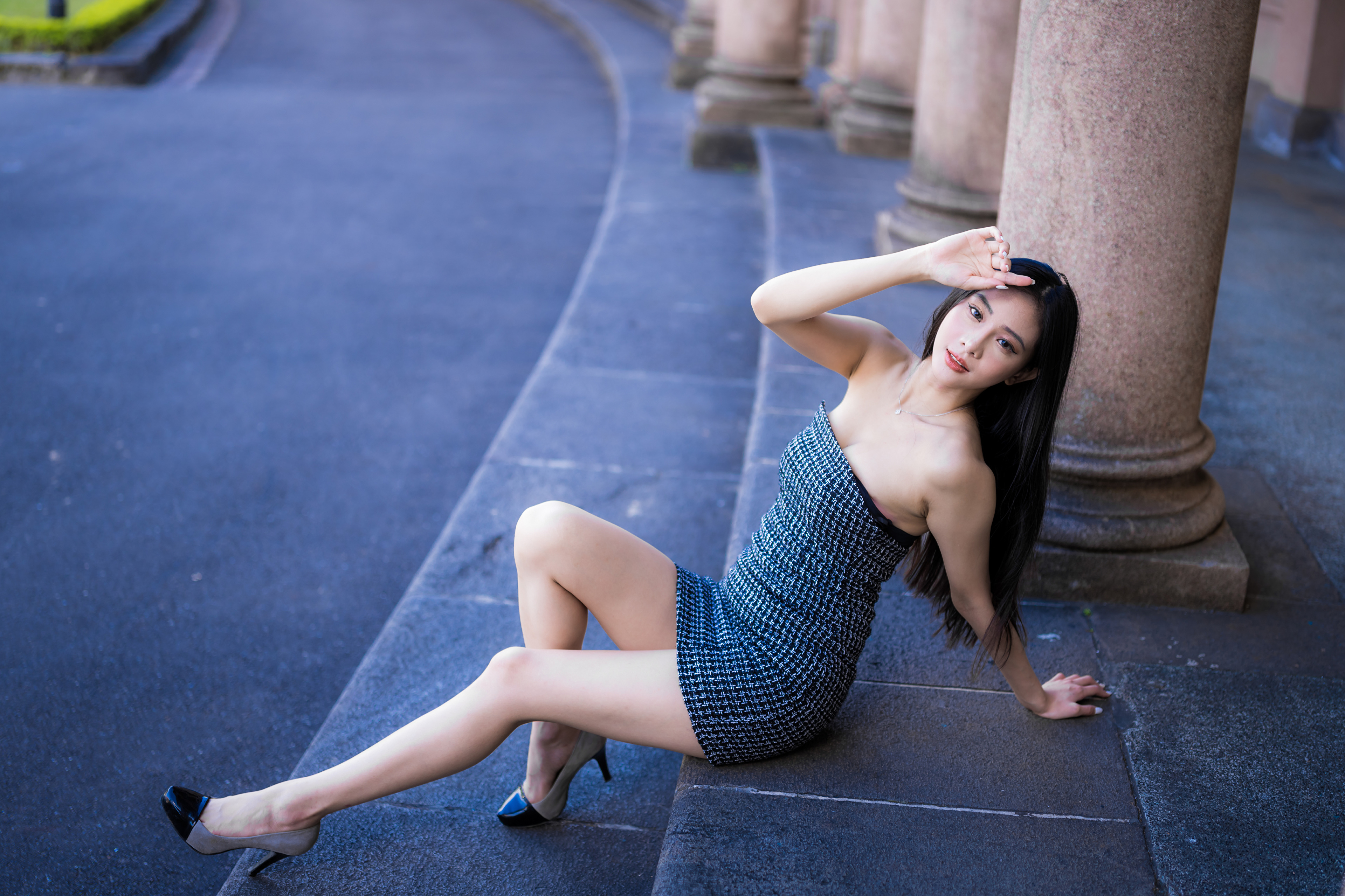Asian Model Women Dark Hair Long Hair Depth Of Field Stairs Column Sitting Bare Shoulders Heels Look 3840x2559