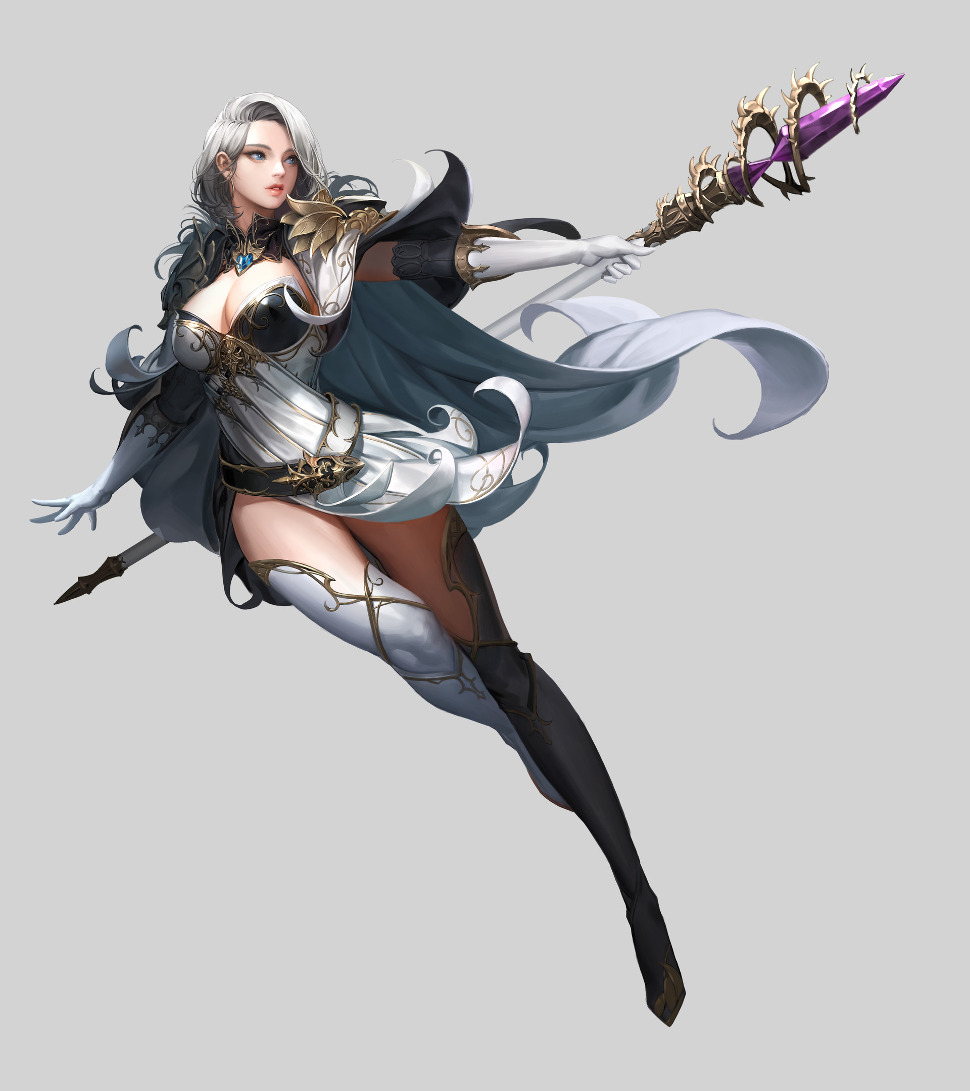 Daeho Cha Drawing Women Silver Hair Looking Away Dress Weapon Staff White Clothing Cape Simple Backg 1920x2161