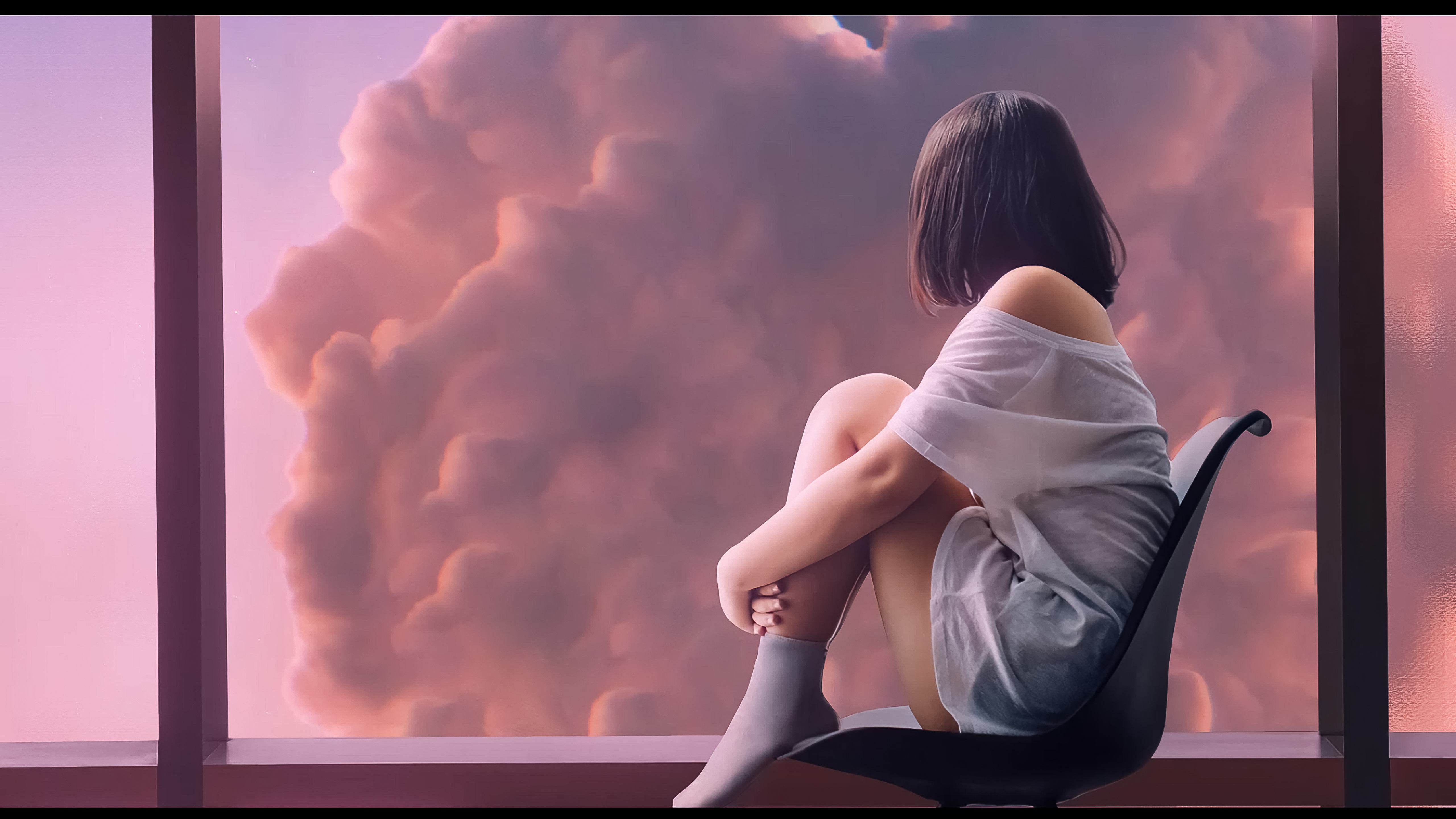 Looking Away Alone Fantasy Girl Clouds Window Frames Socks 5120x2880