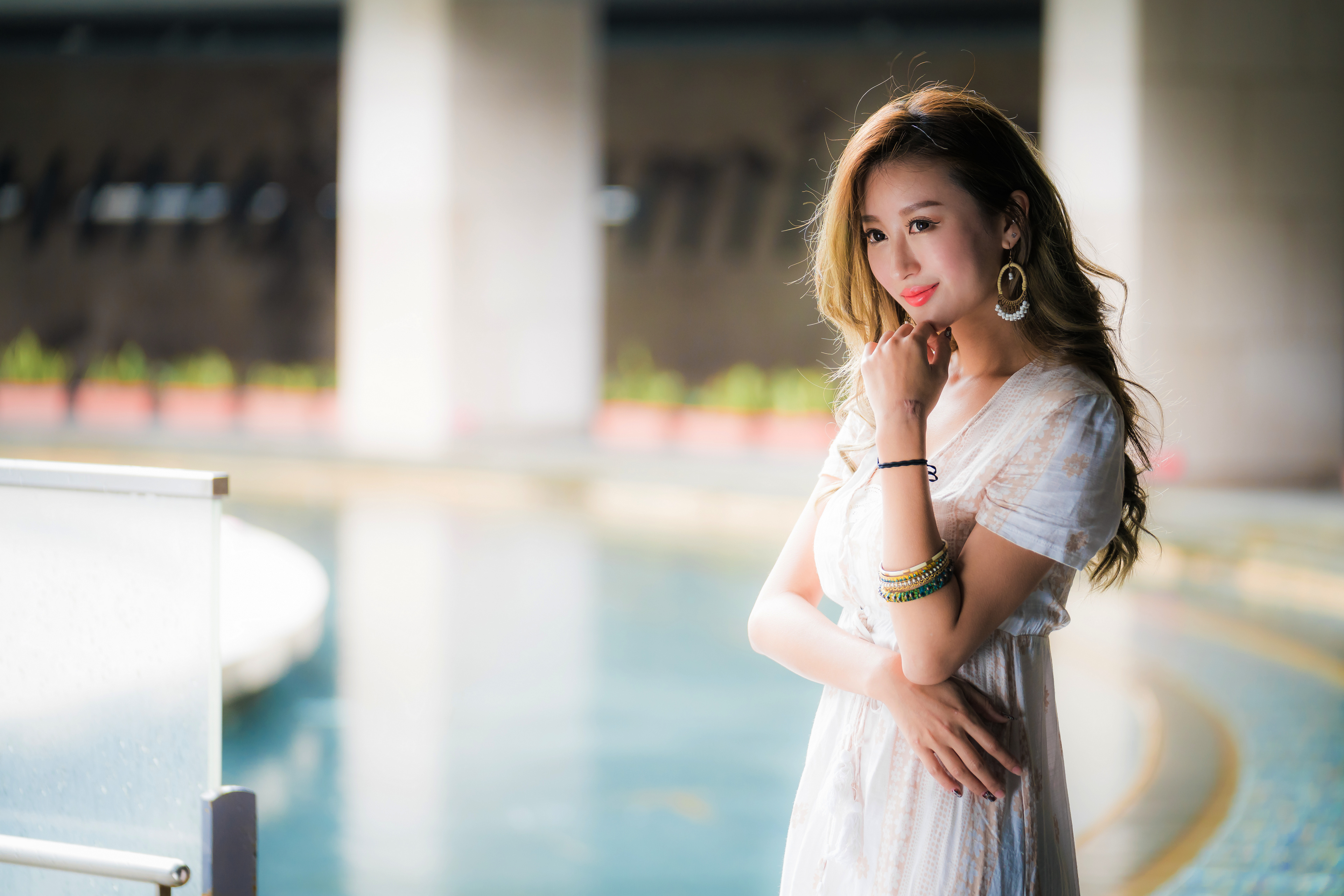 Asian Women Model Dark Hair Long Hair Depth Of Field Bracelets Earrings White Dress Looking Away Smi 3840x2561