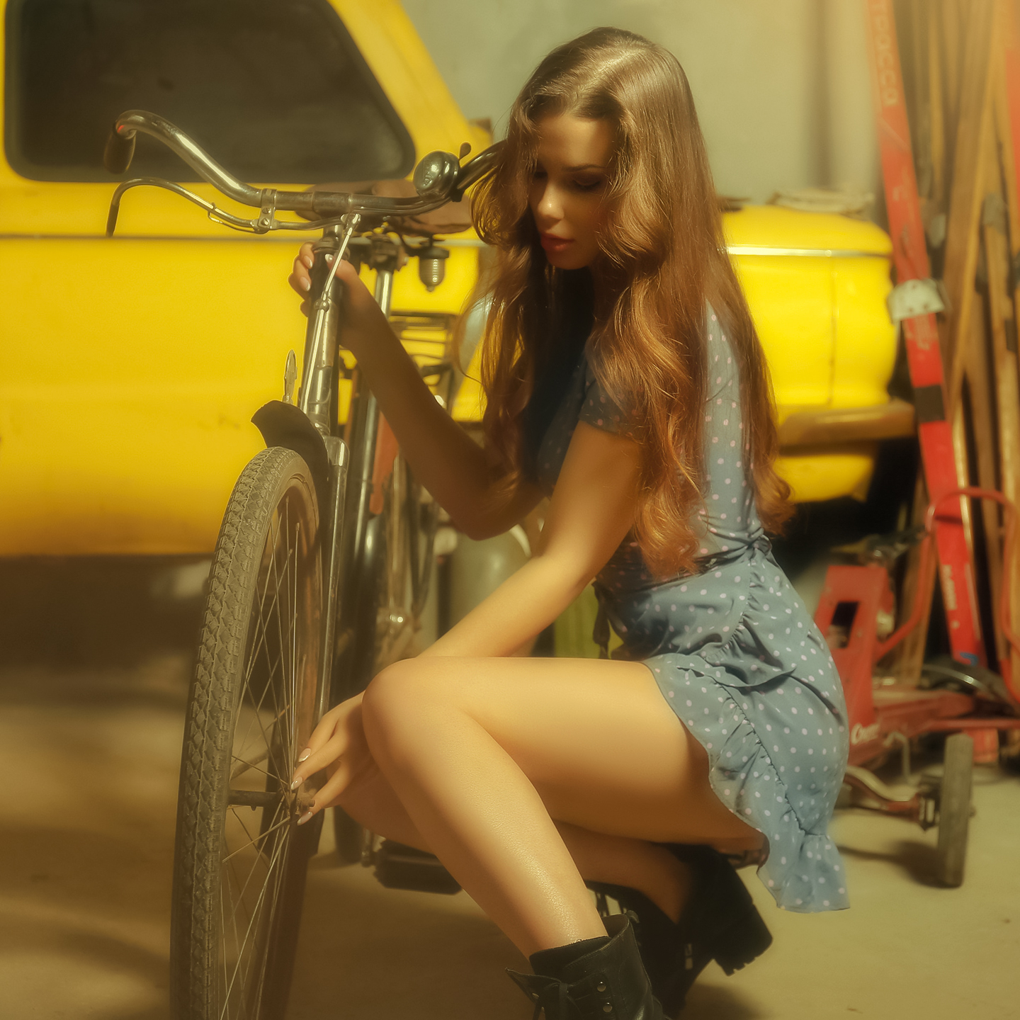 Vadim Aksyonov Women Kristina Fedorov Brunette Long Hair Dress Dots Boots Bicycle Garage Yellow Mode 1440x1440
