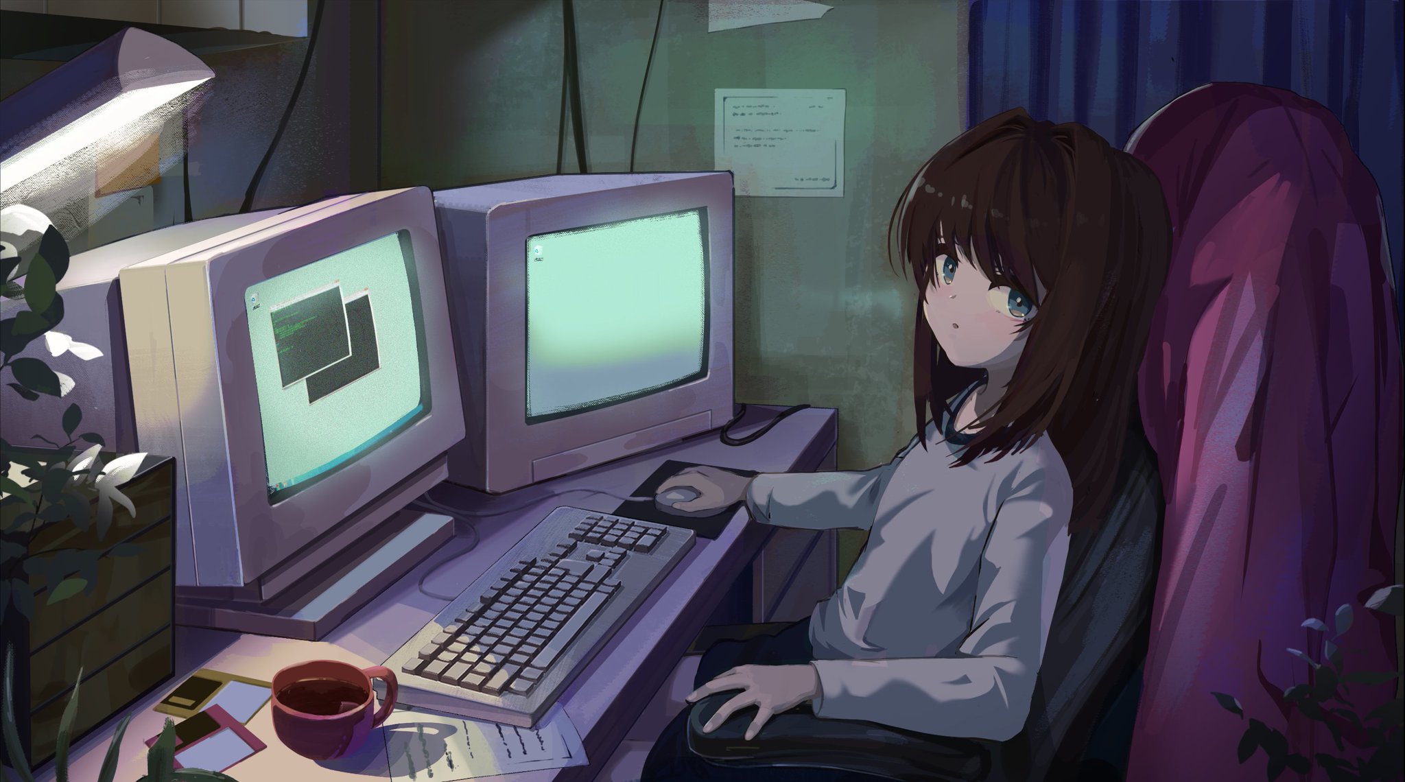 Anime Anime Girls CRT Floppy Disk Vintage Computer 2048x1140