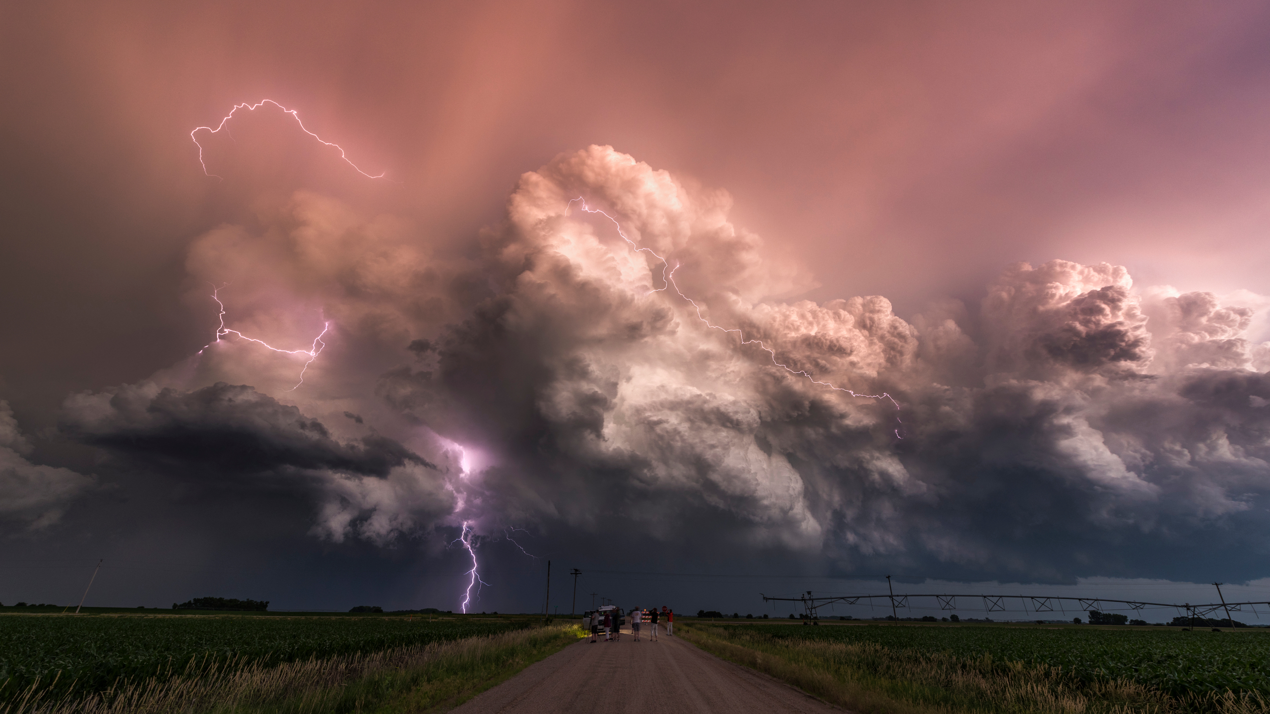 Storm Nature Clouds Lightning Sky People Long Exposure Time Lapse Dirt Road Field 2560x1440