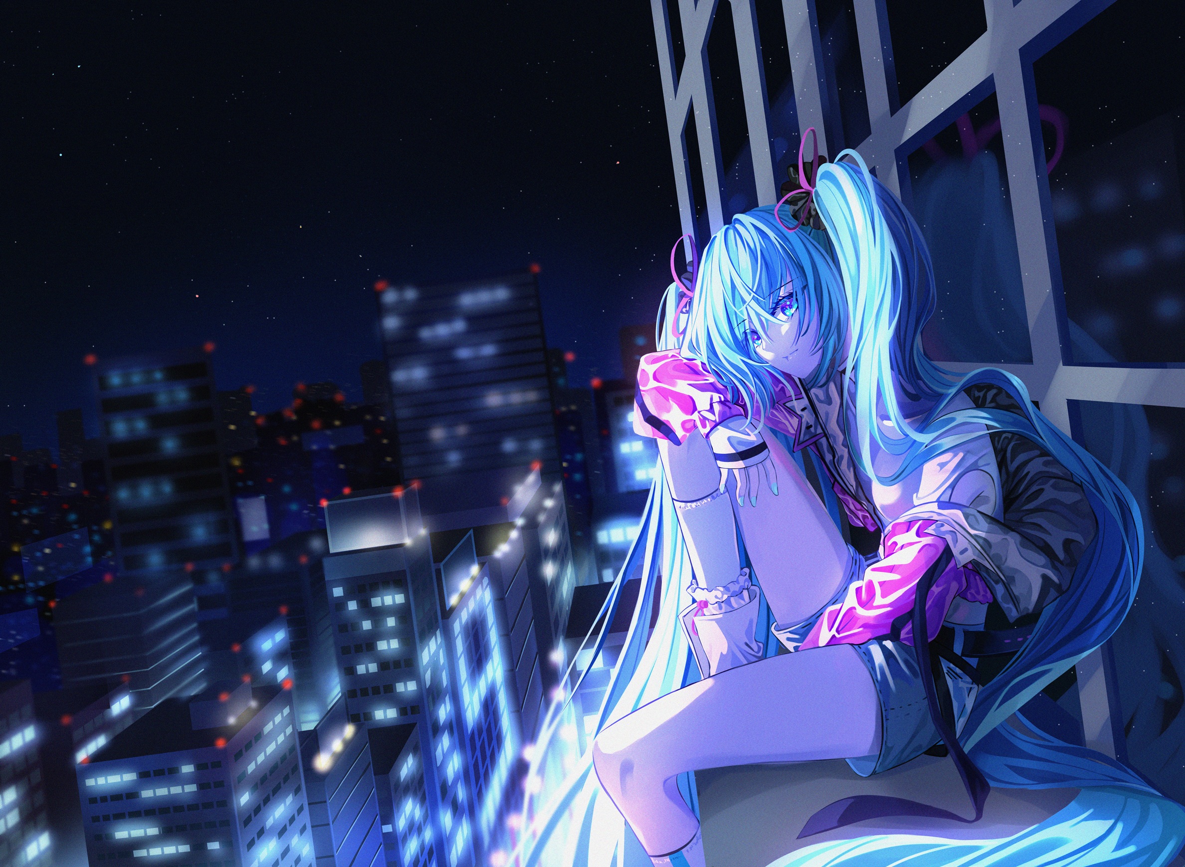 Anime Girls Hatsune Miku Vocaloid Sitting Cityscape City Cyan Hair Long Hair Women Outdoors Urban 2376x1739