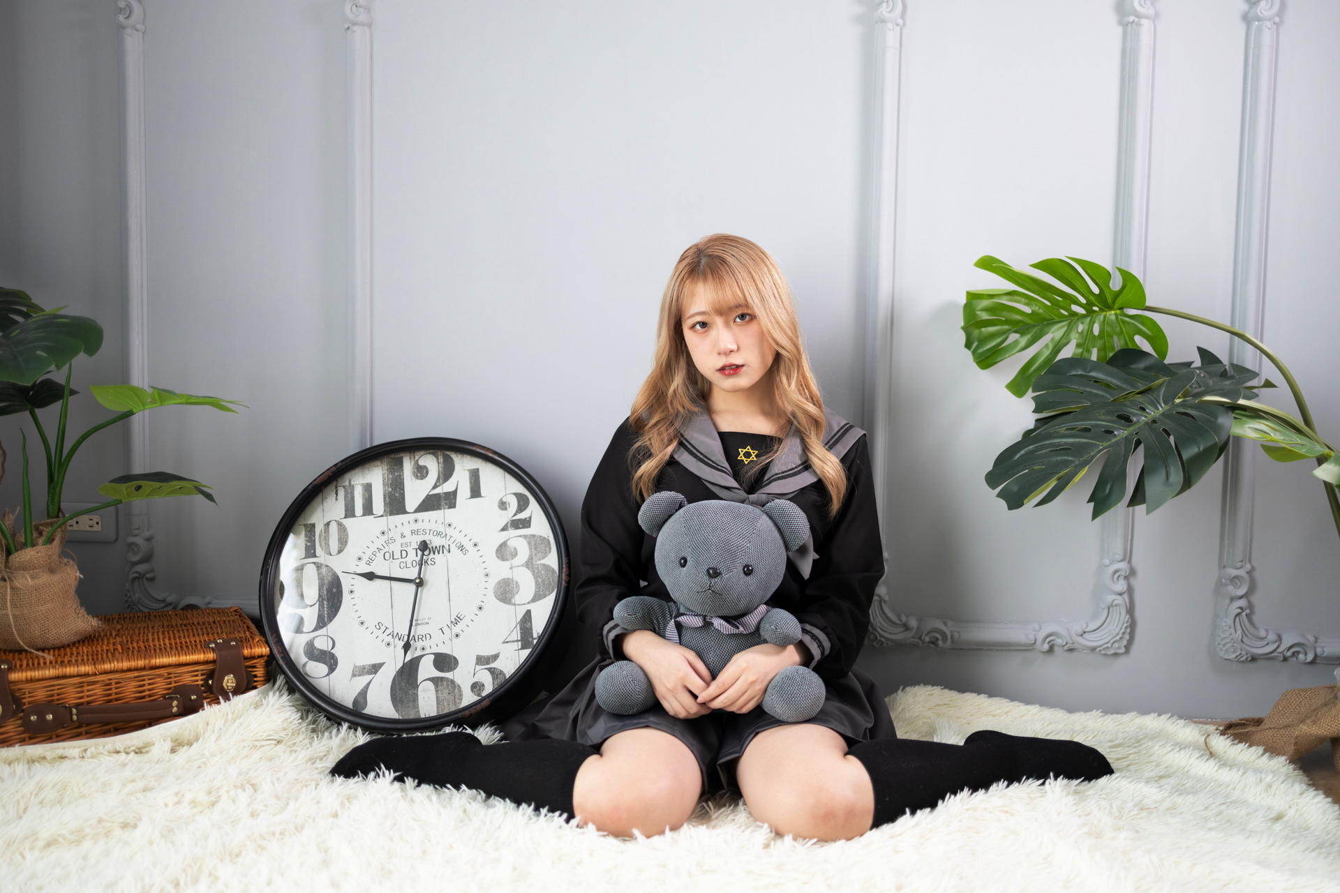 Asian Model Women Long Hair Knee High Socks Sitting Clocks Carpet Teddy Bears Plants Sailor Uniform 1920x1280