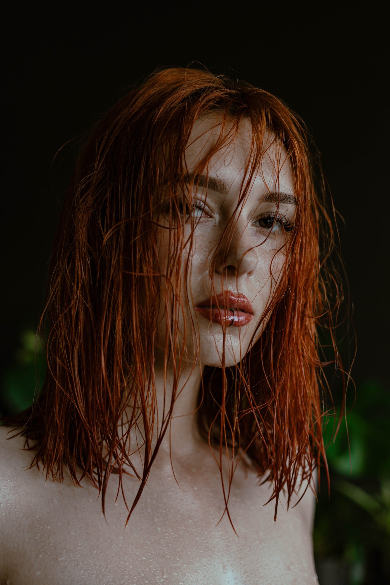 Redhead Portrait Vertical Looking At Viewer Wet Hair Lipstick Pierced Lip 1365x2048