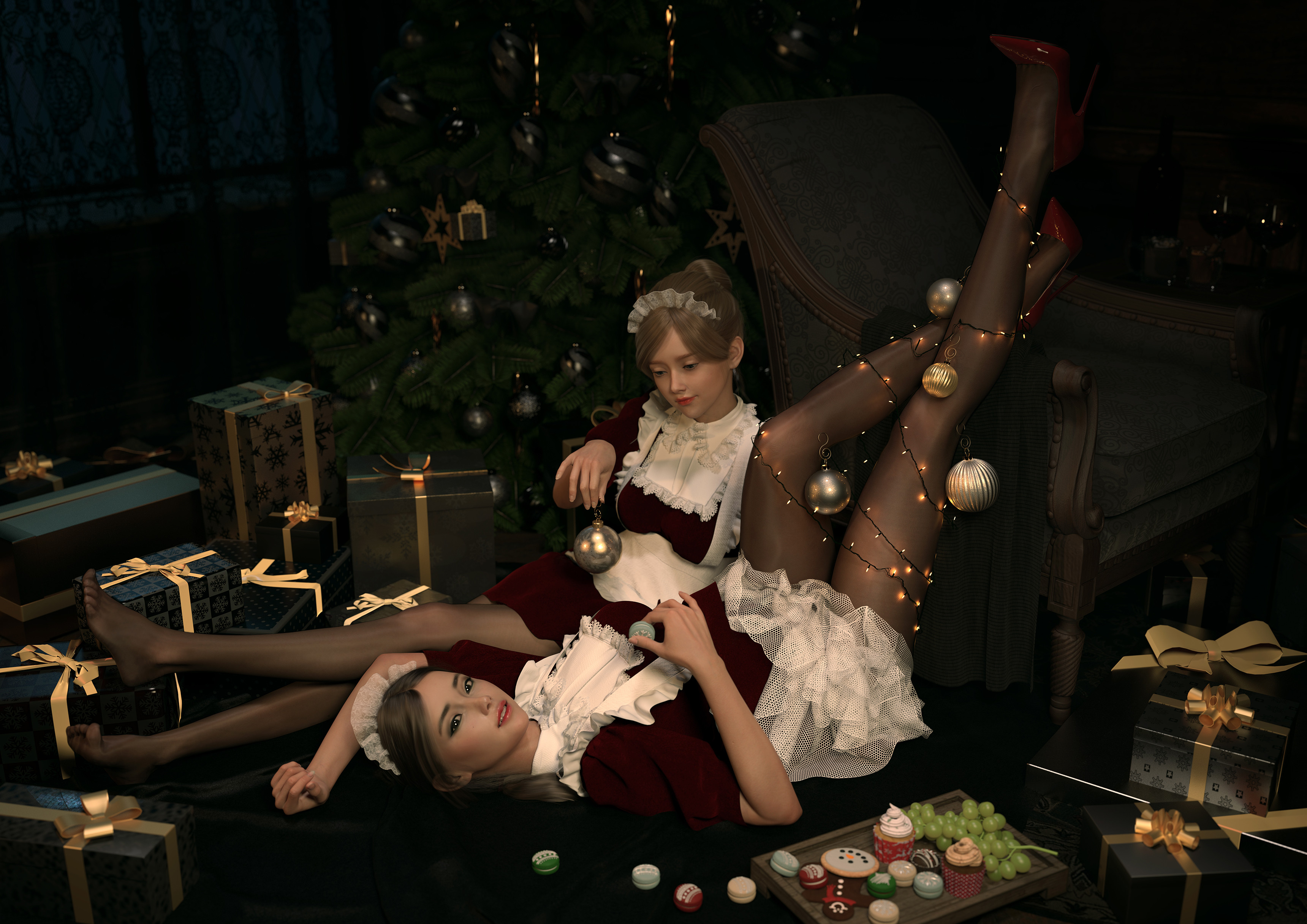 Lou LL CGi Women Two Women Maid Christmas Ornaments Maid Outfit Christmas Tree Christmas Presents 3440x2432