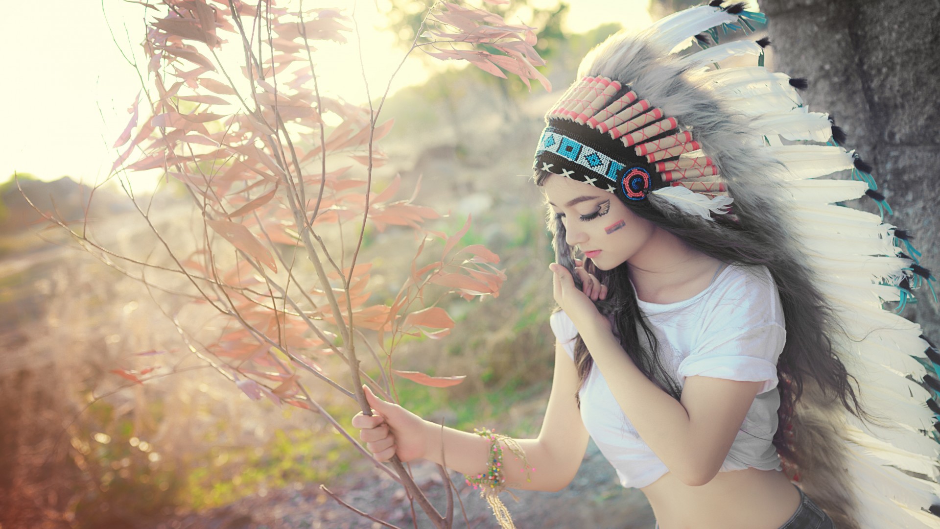 Woman Model Girl Long Hair Brunette Native American 1920x1080