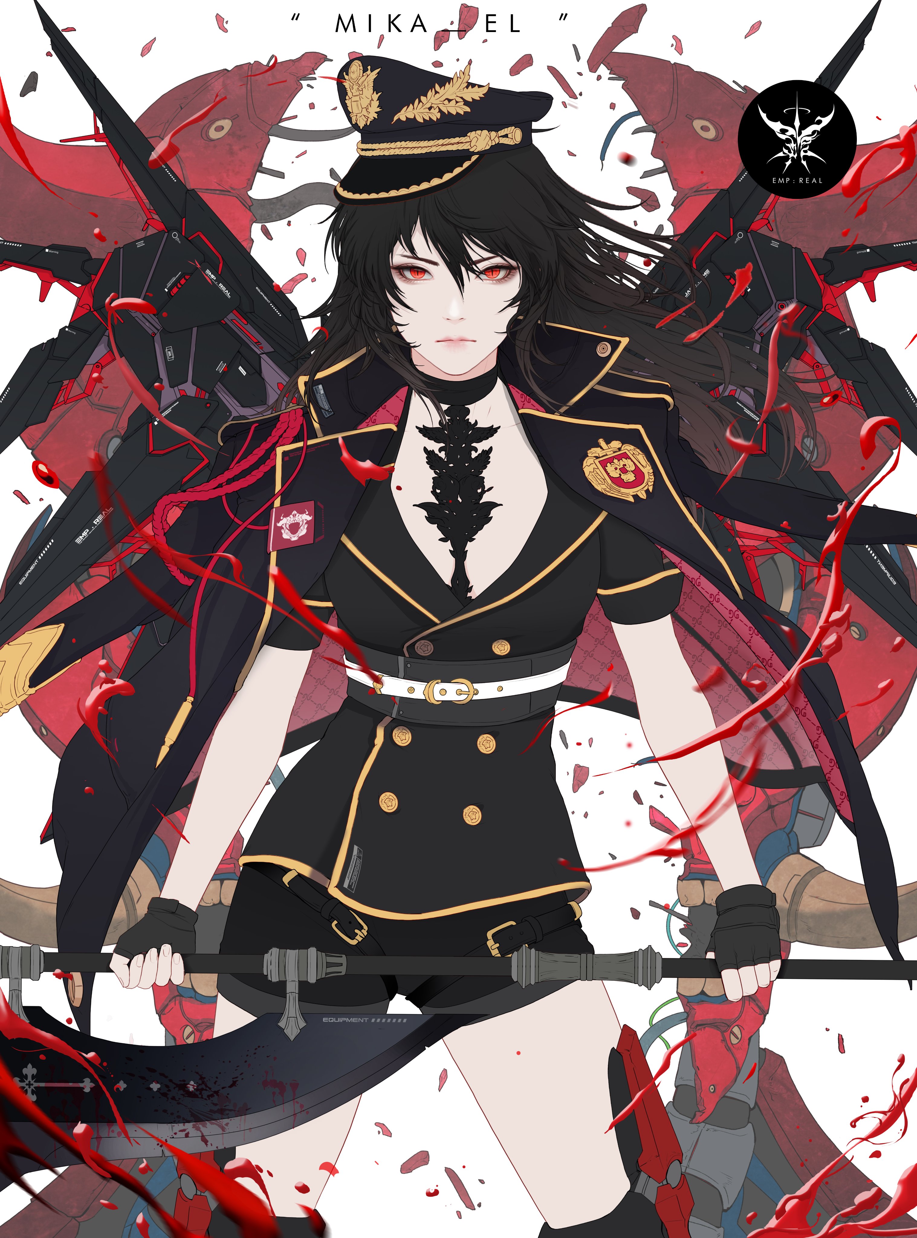 Gharliera Anime Girls Anime Black Hair Red Eyes Weapon Uniform 3034x4096