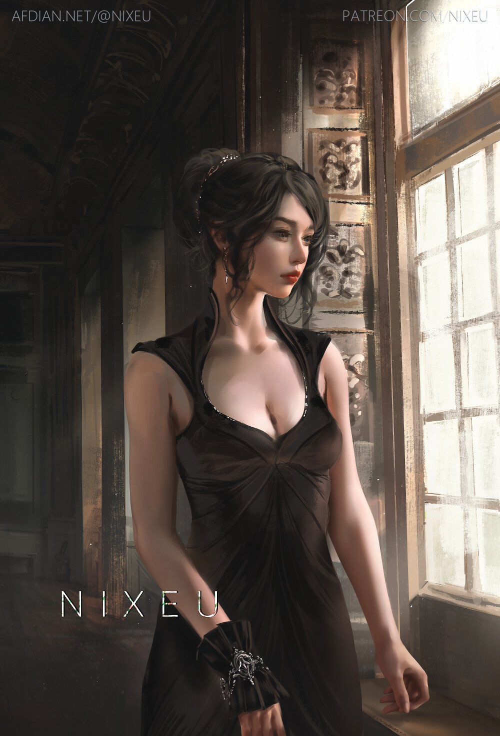 Asian Women Looking Out Window Dress CGi Render Digital Art ArtStation Dark Hair Black Dress Standin 1000x1473