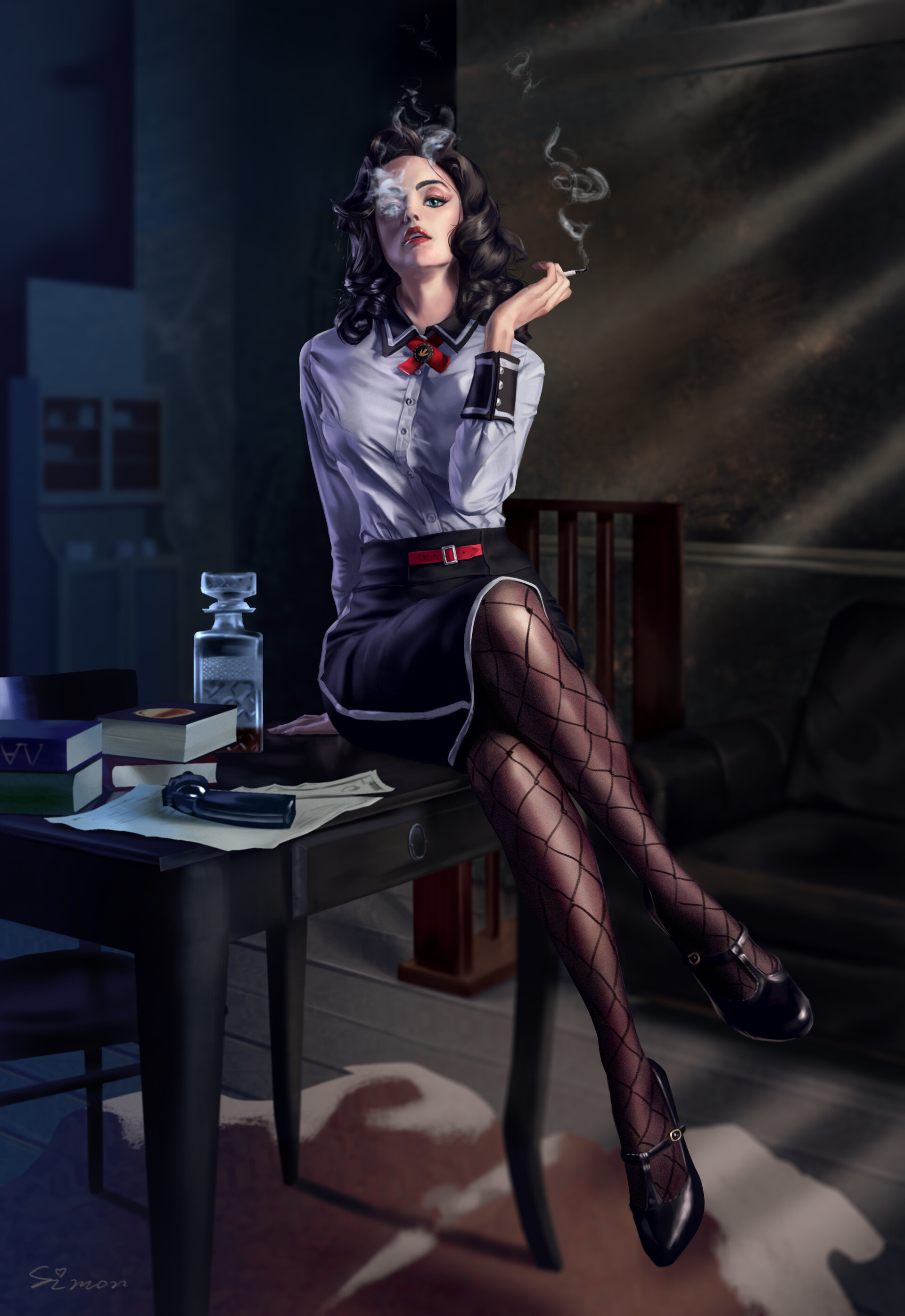 Simon Si Vertical Sitting On The Table Indoors Sitting On Desk Artwork Noir Video Game Characters Gu 1920x2791