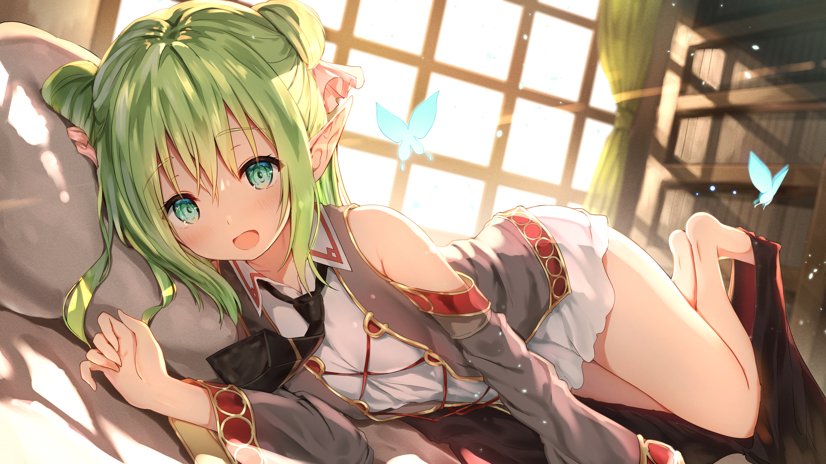 Anime Anime Girls Green Hair Legs Dress In Bed Green Eyes Pointy Ears Artwork Sune 2667x1500