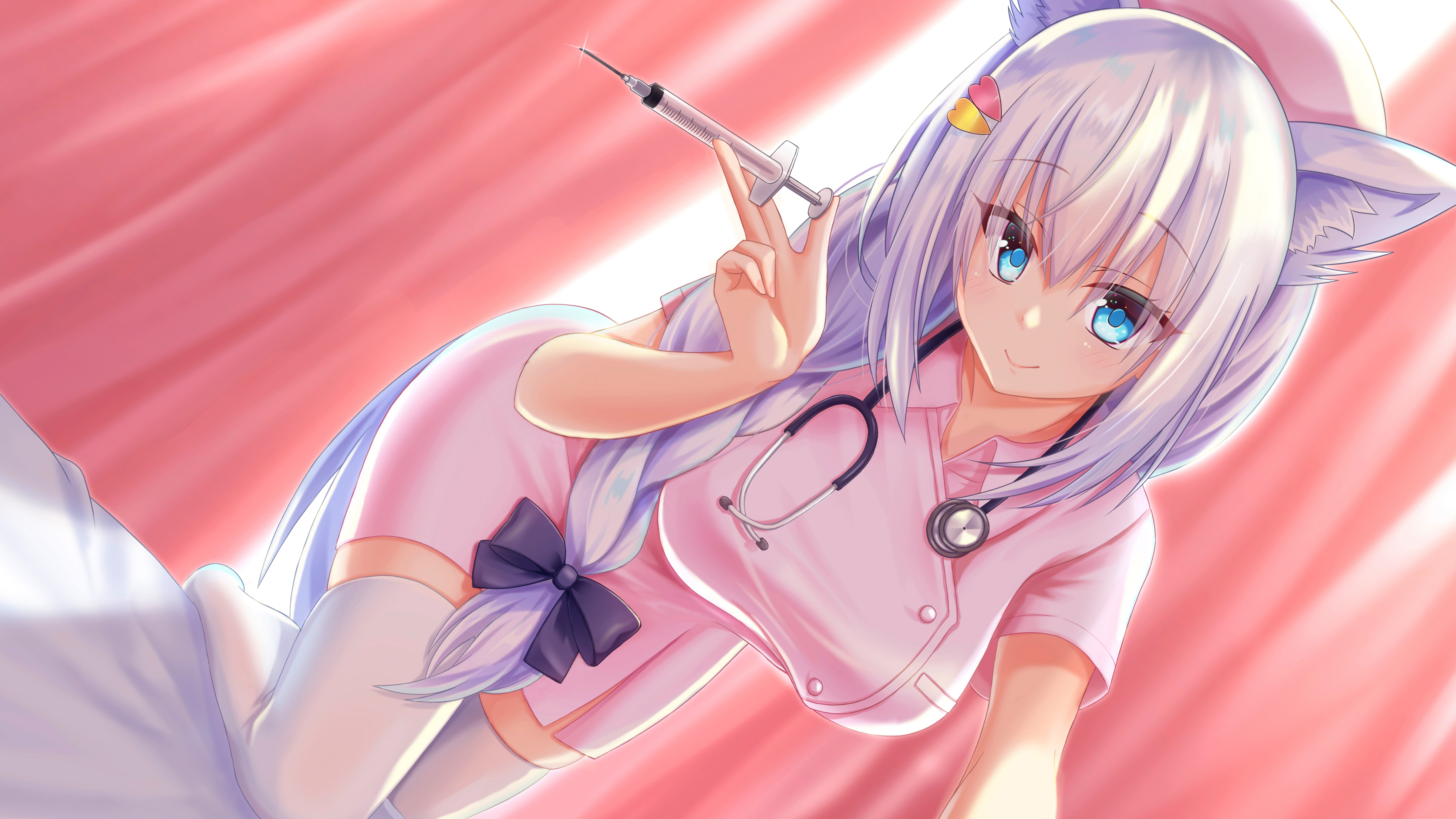 Anime Anime Girls Nurses Nurse Outfit Thigh Highs Syringe Silver Hair Blue Eyes Smiling Animal Ears 4800x2700