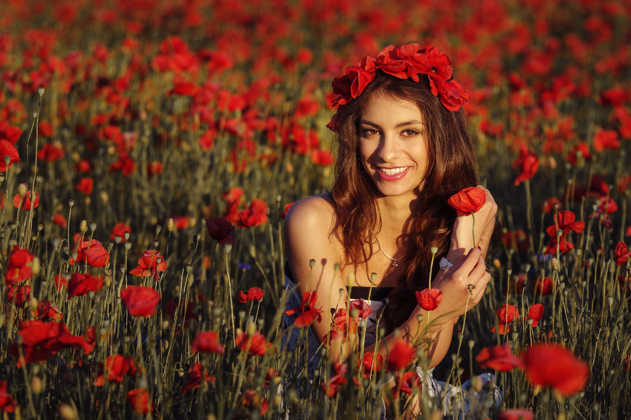 Model Outdoors Women Outdoors Women Looking At Viewer Smiling Field Flowers Plants Flower Crown Red  2048x1362