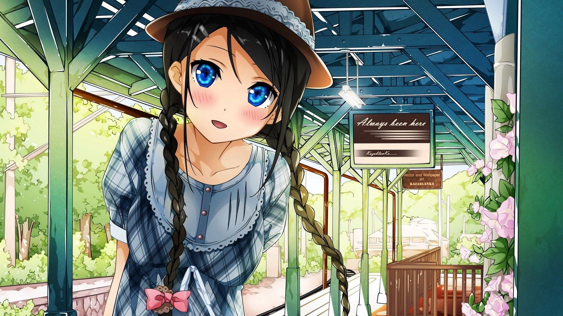 Plaid Train Station Anime Girls Anime Soft Gradient Twintails Braids Dark Hair Hat Blue Eyes Dress A 1920x1080
