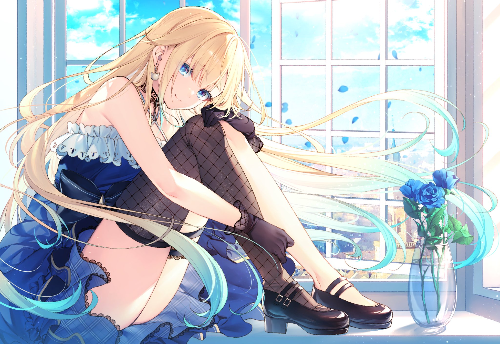 Anime Anime Girls Blonde Blue Eyes Long Hair Black Boots Boots Blue Dress Dress Window Rose Blue Ros 2048x1410
