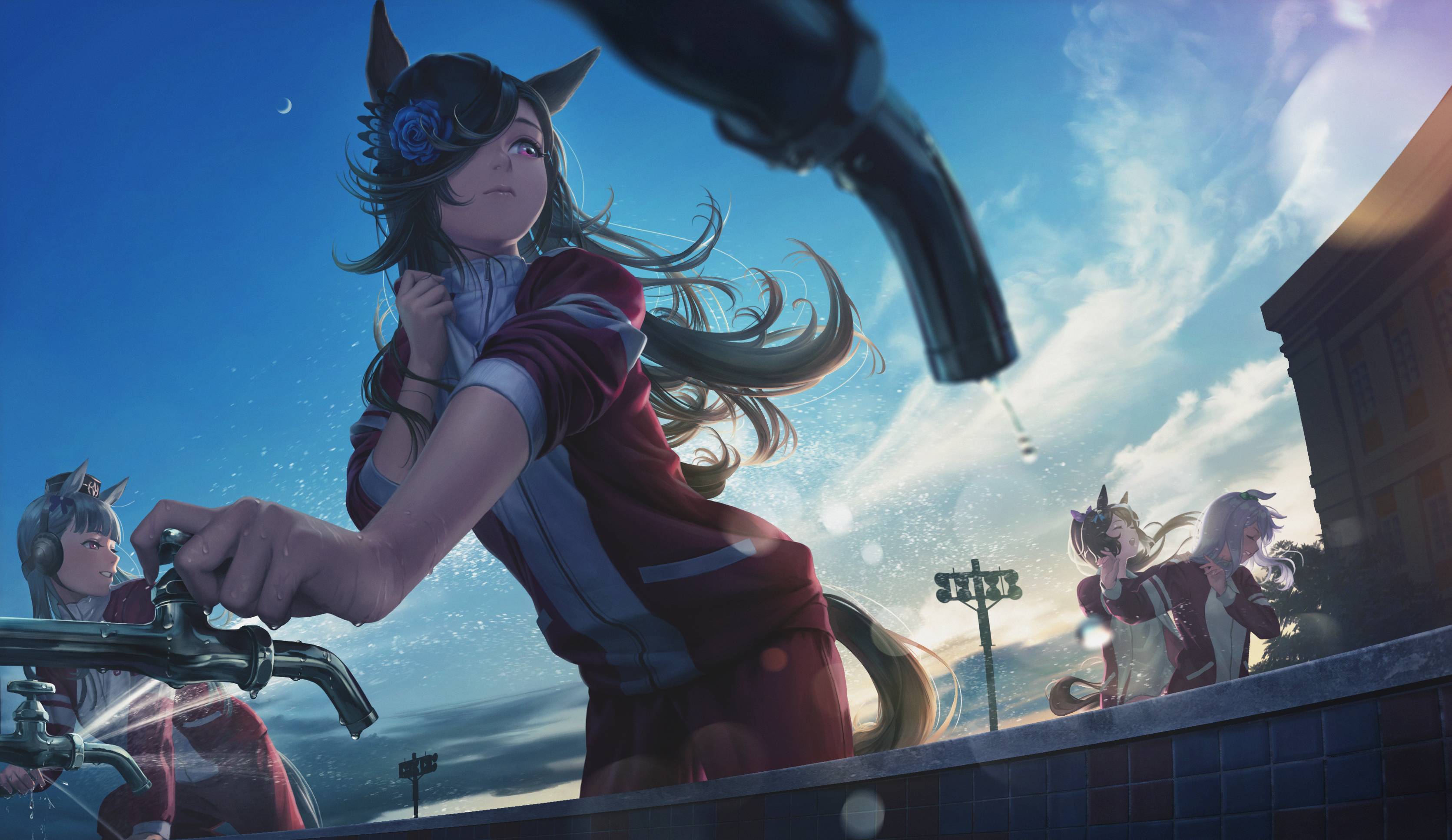 Uma Musume Pretty Derby Long Hair Tail 2D Rolled Sleeves Water Splash Water Drops Open Mouth Parted  3342x1934