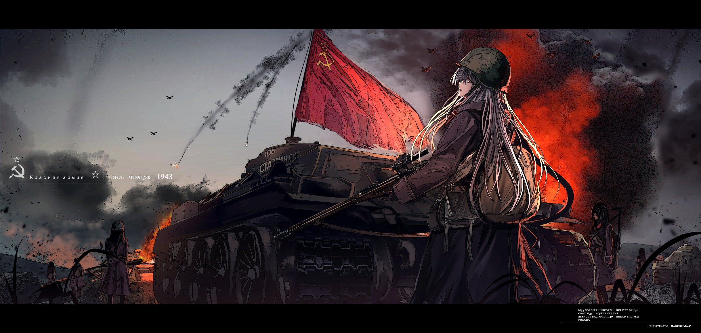 Anime Anime Girls Haguruma Artwork Soviet Army World War Ii Tank T 34 Original Characters Female Sol 2437x1160