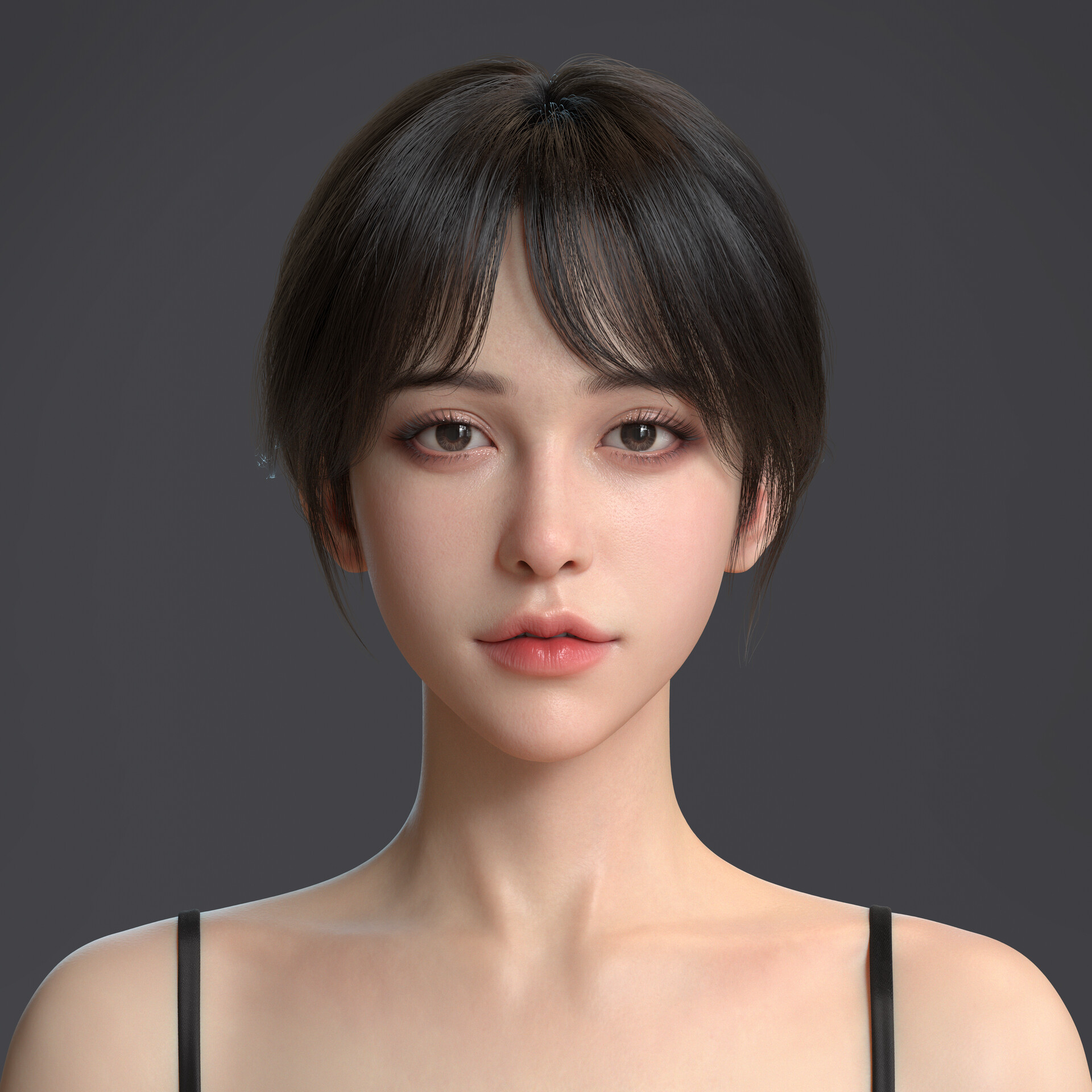 Digital Art Artwork ArtStation Digital Render Women Portrait Face Asian Gray Background Simple Backg 1920x1920