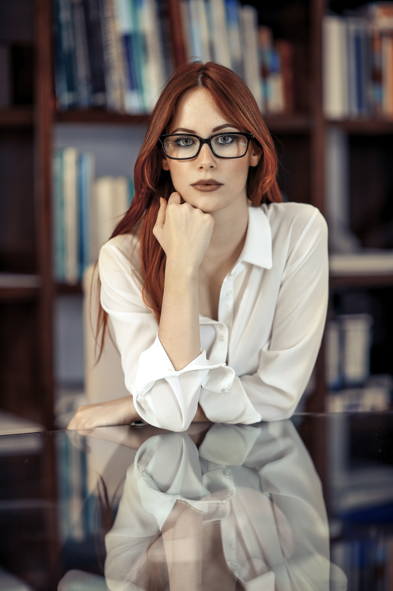 Alessandro Di Cicco Women Redhead Long Hair Glasses Freckles Library Reflection Resting Head Makeup  1365x2048