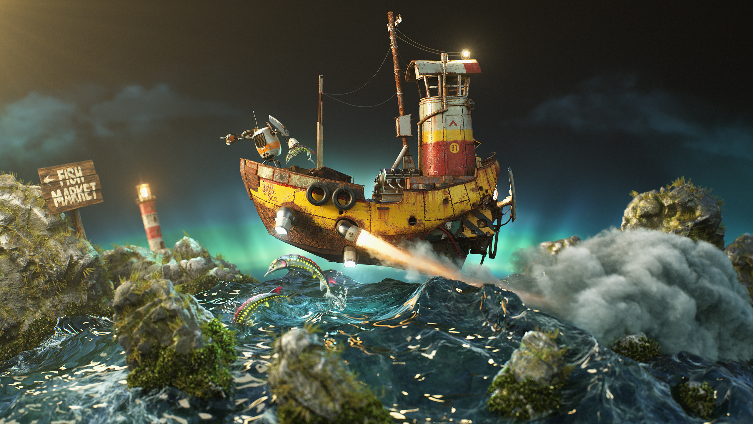 Marcelo Vaz Digital Art ArtStation Artwork Boat Vehicle Sea 2560x1440
