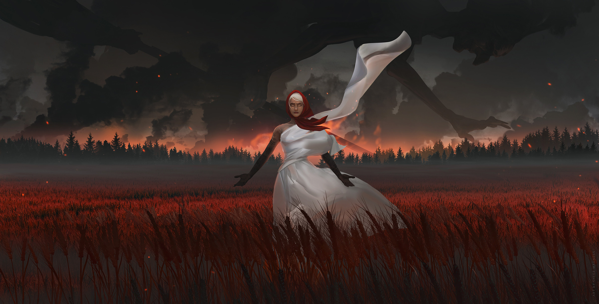 Olga Orlova Digital Art Fantasy Art Forest White Dress Red Scarfs Wheat Landscape 2400x1219