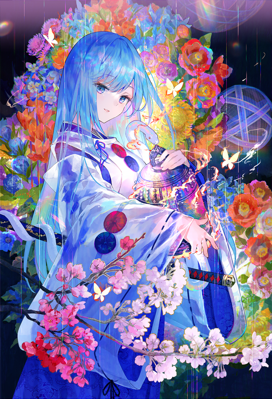 Fuji Choko Anime Girls Artwork Illustration Fantasy Girl Kimono Bell Snake Blue Hair Blue Eyes Long  871x1280