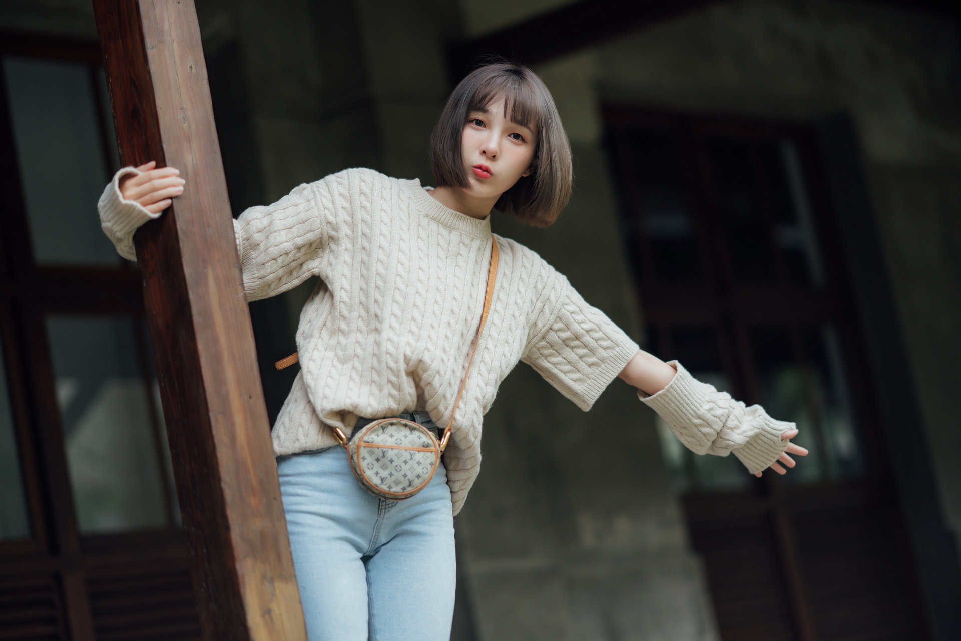 Asian Model Women Short Hair Dark Hair Jeans Pullover Bag Arm Warmers Depth Of Field 1920x1280