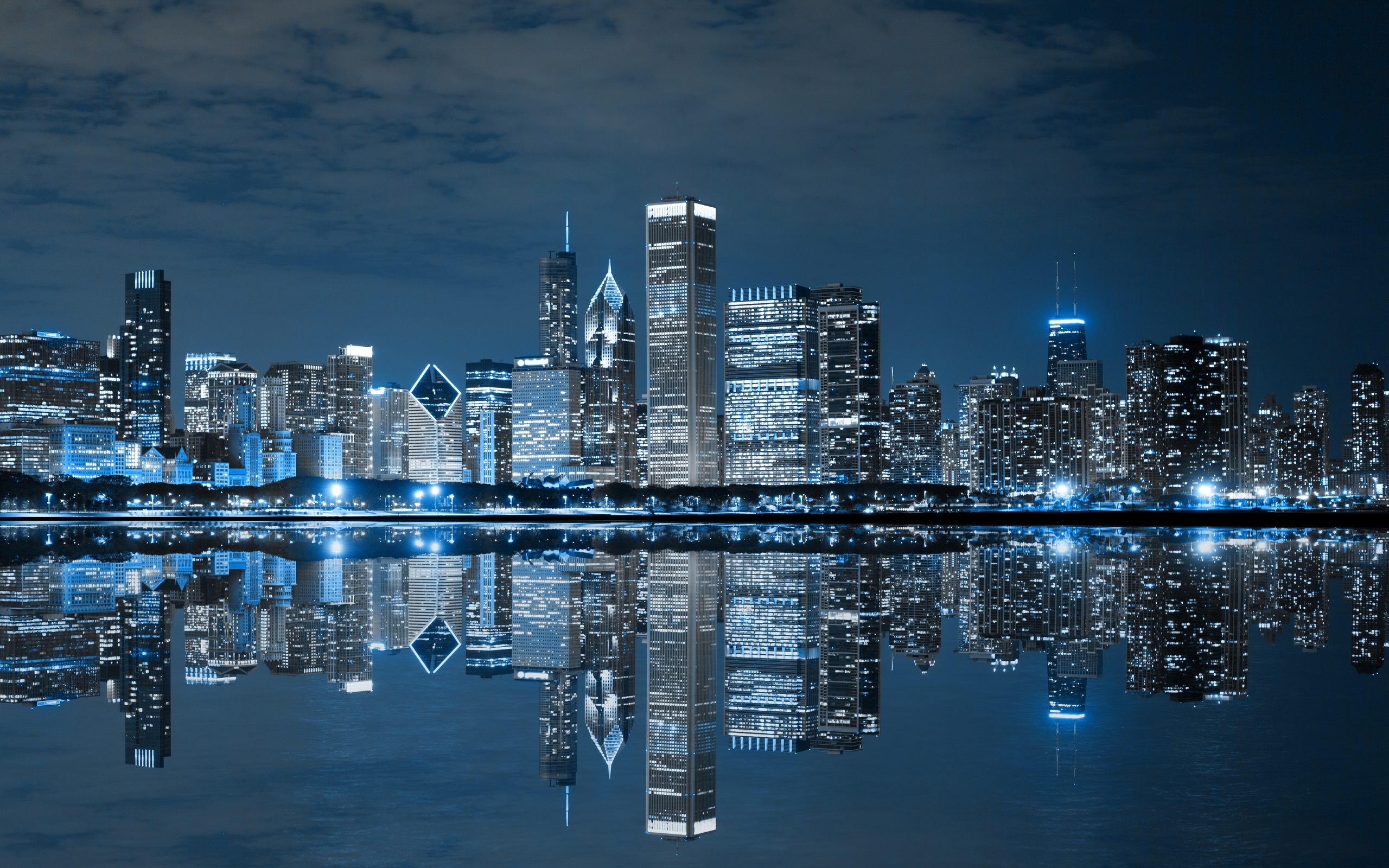 City City Lights Reflection Water Night Urban Chicago USA 2560x1600