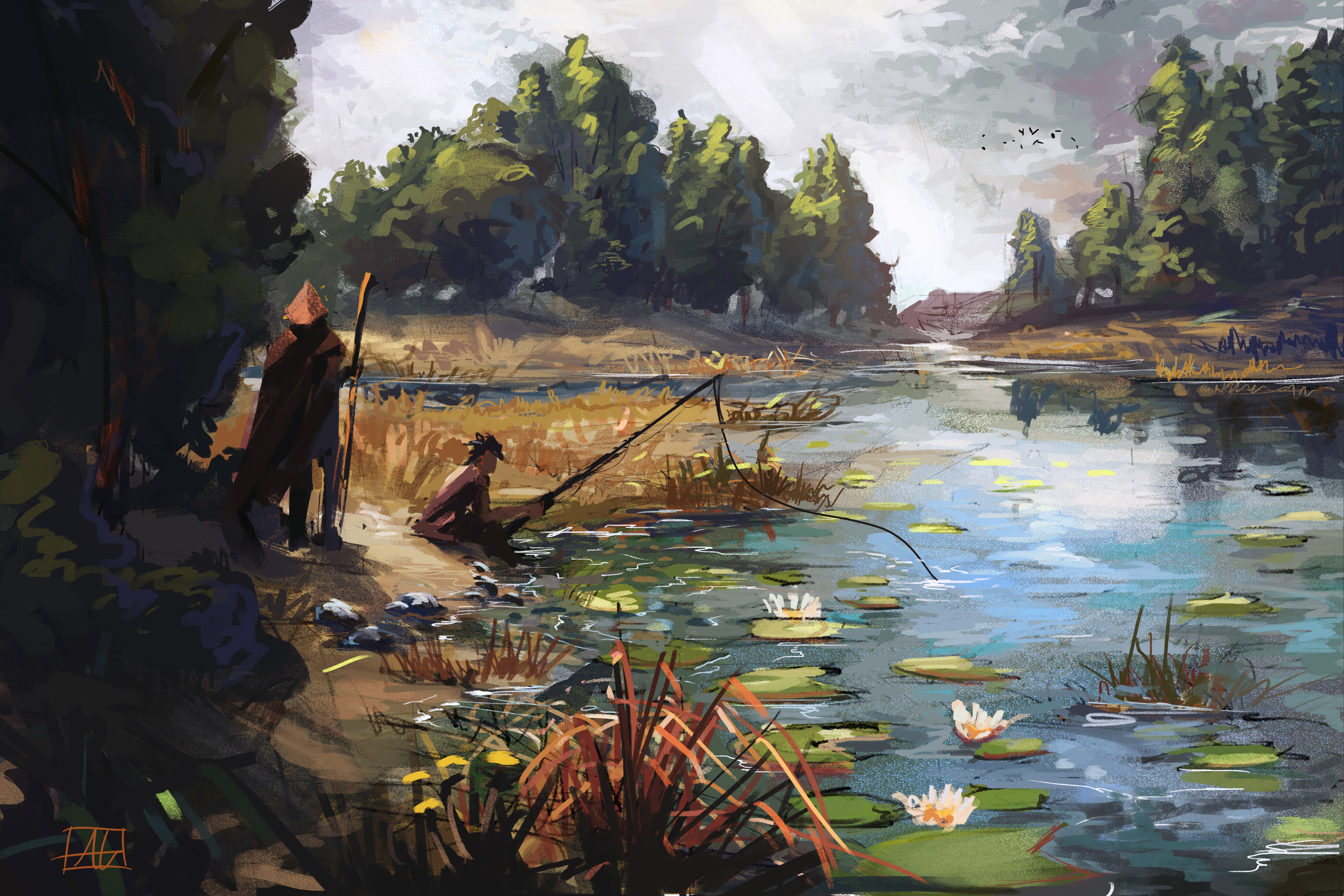 Digital Painting Landscape River Fisherman GoatsForBreakfast 4500x3000
