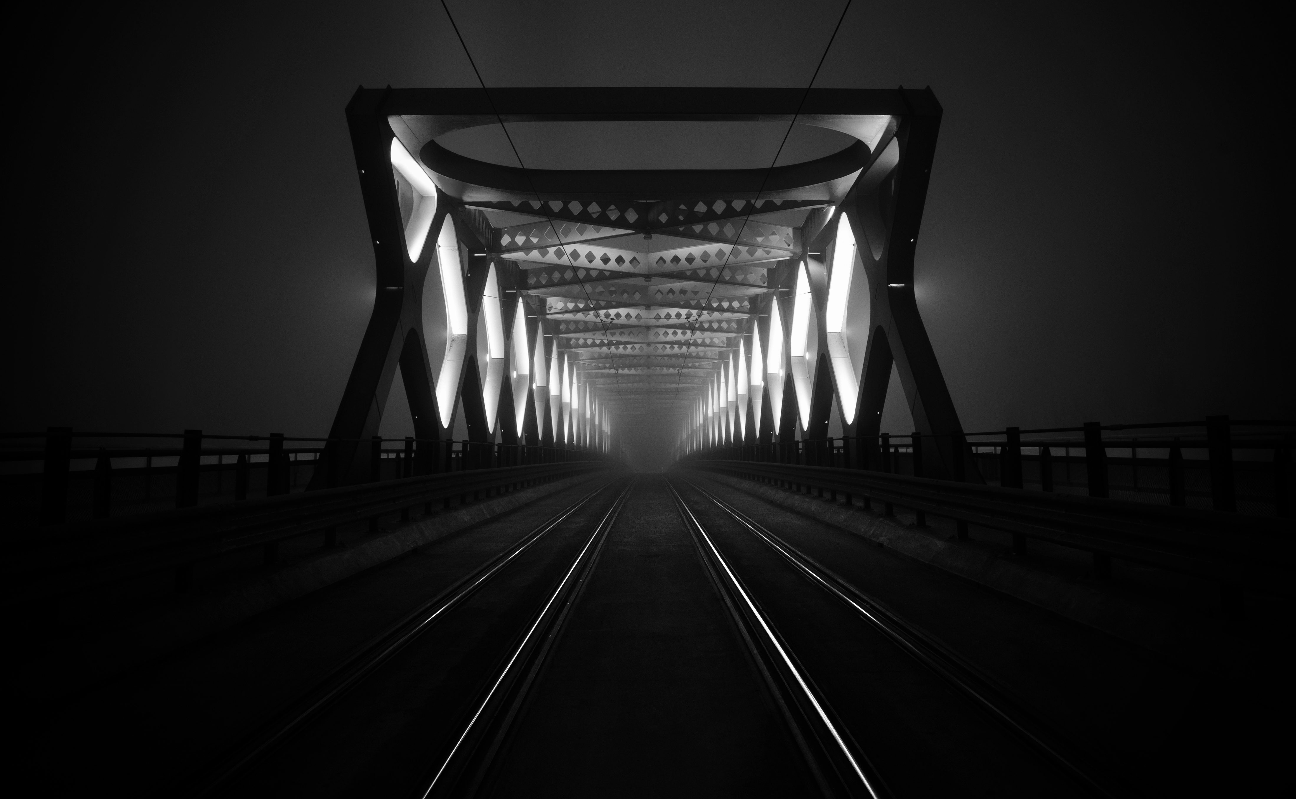 Architecture Bridge Railway Dark Night Lights Monochrome White Europe Haze Rail 4396x2711