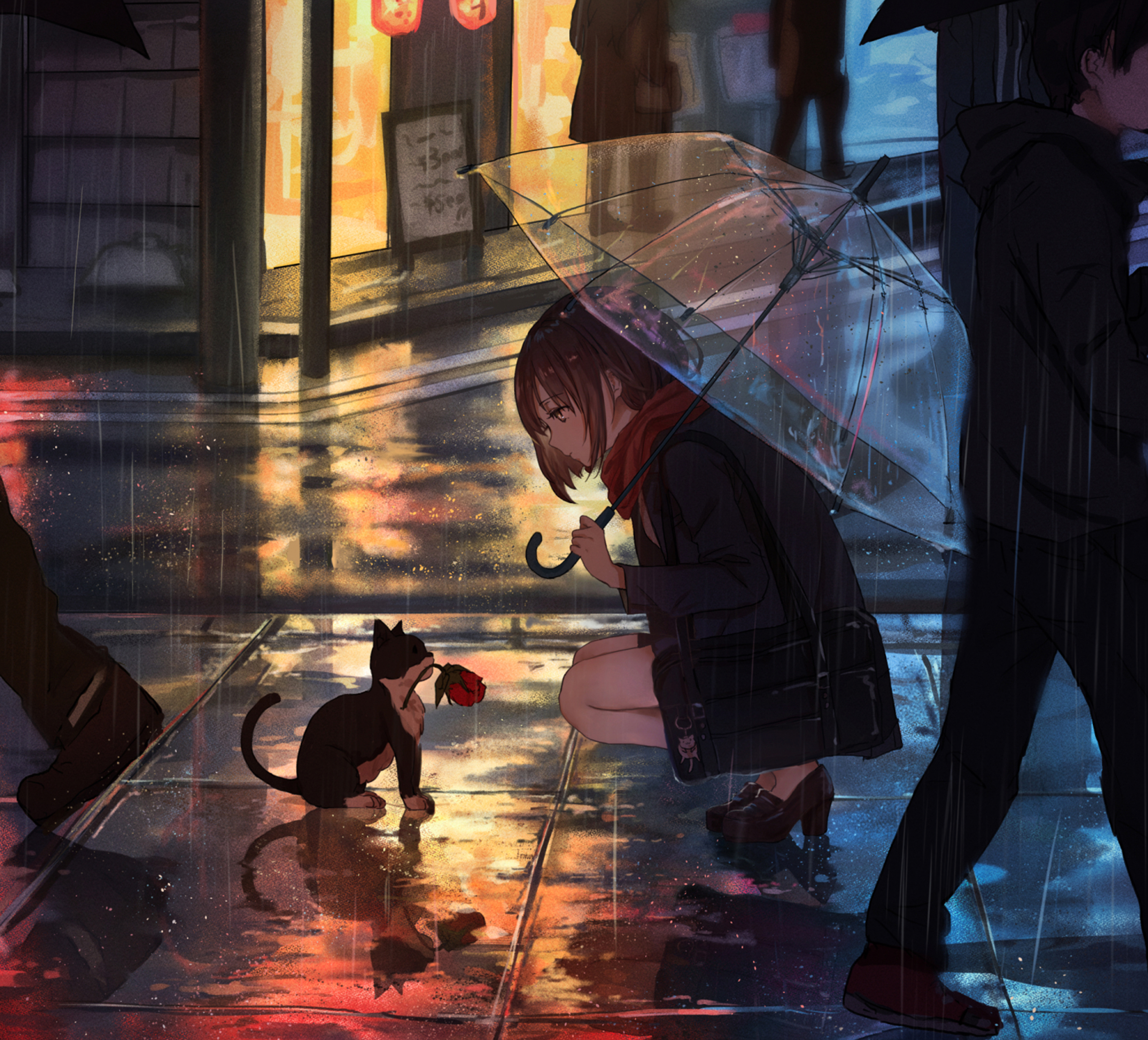 Anime Anime Girls Original Characters Umbrella Rain Cats Brunette Artwork Catzz 2560x2320