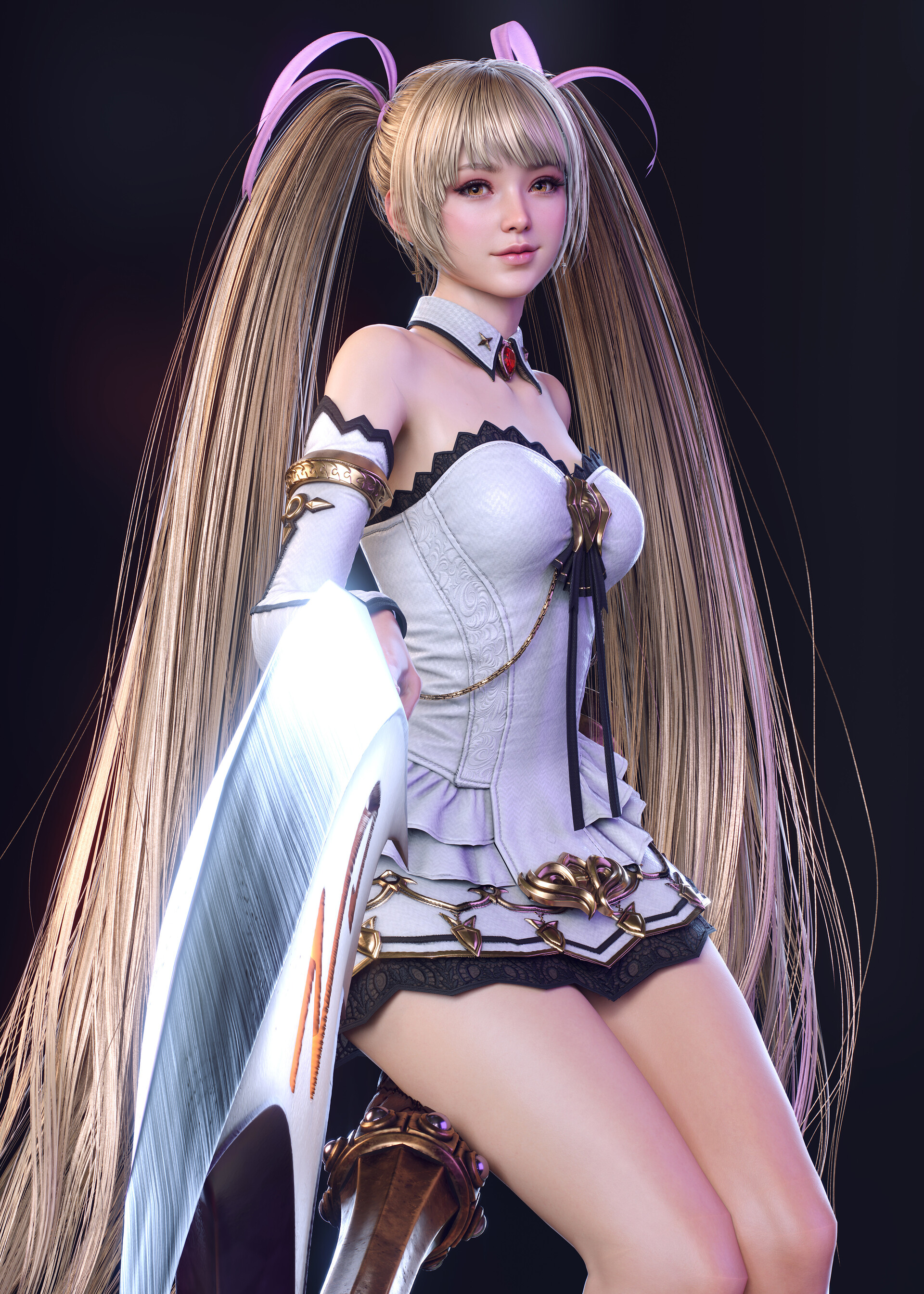 Sunghyun Yun CGi Blonde Women Video Game Art Pigtails Weapon Blades Dress White Clothing Long Hair S 1920x2688