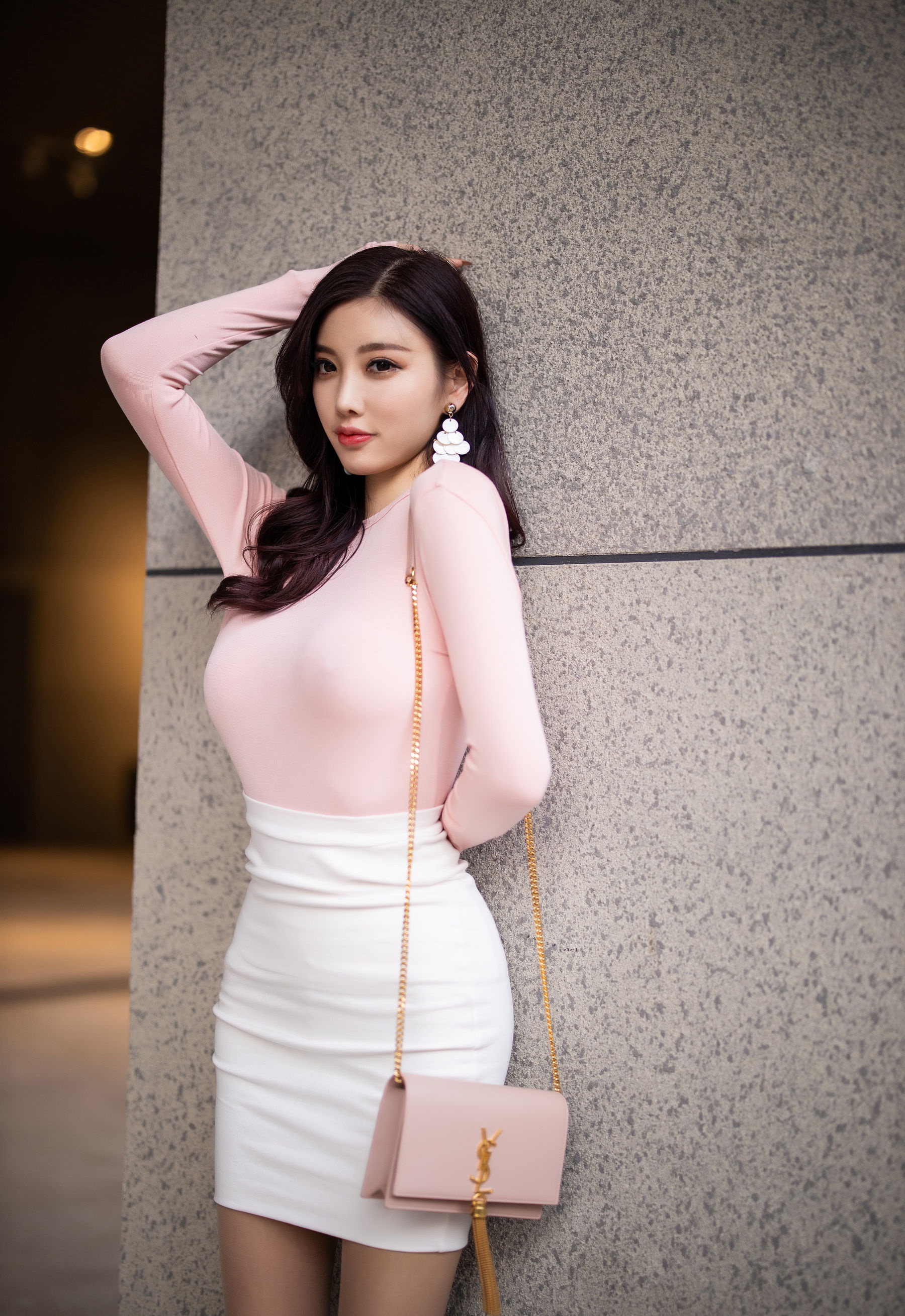 Asian Model Women Women Outdoors Long Hair Dark Hair Leaning Wall White Skirt Pink Shirt Earrings Ha 1800x2619