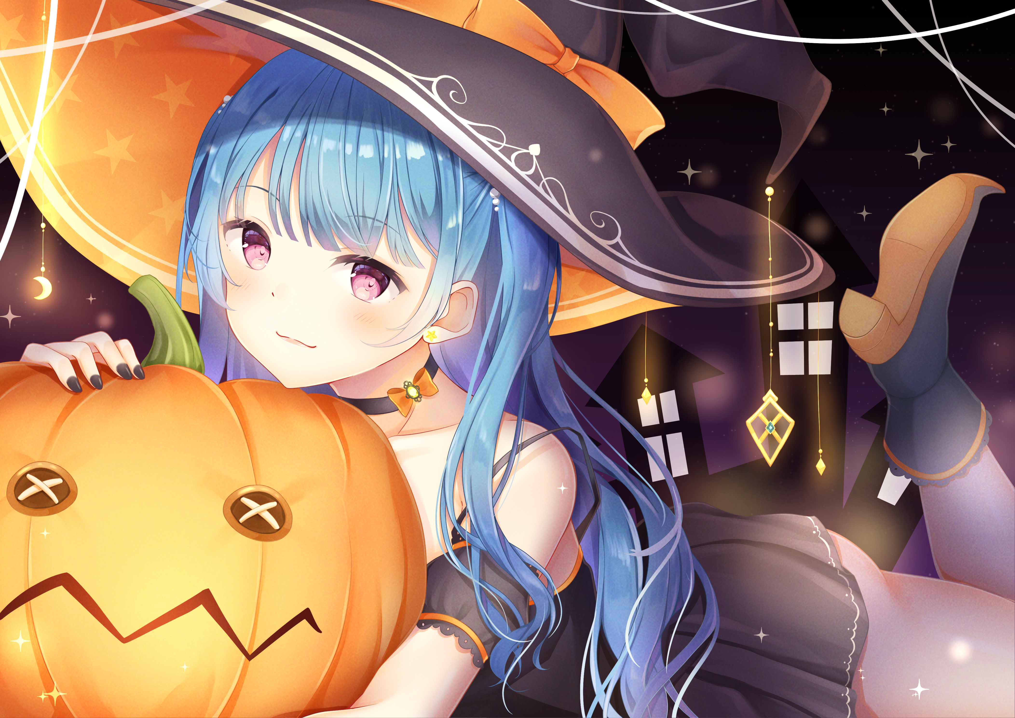 Anime Anime Girls Witch Halloween Blue Hair Purple Eyes 4209x2976