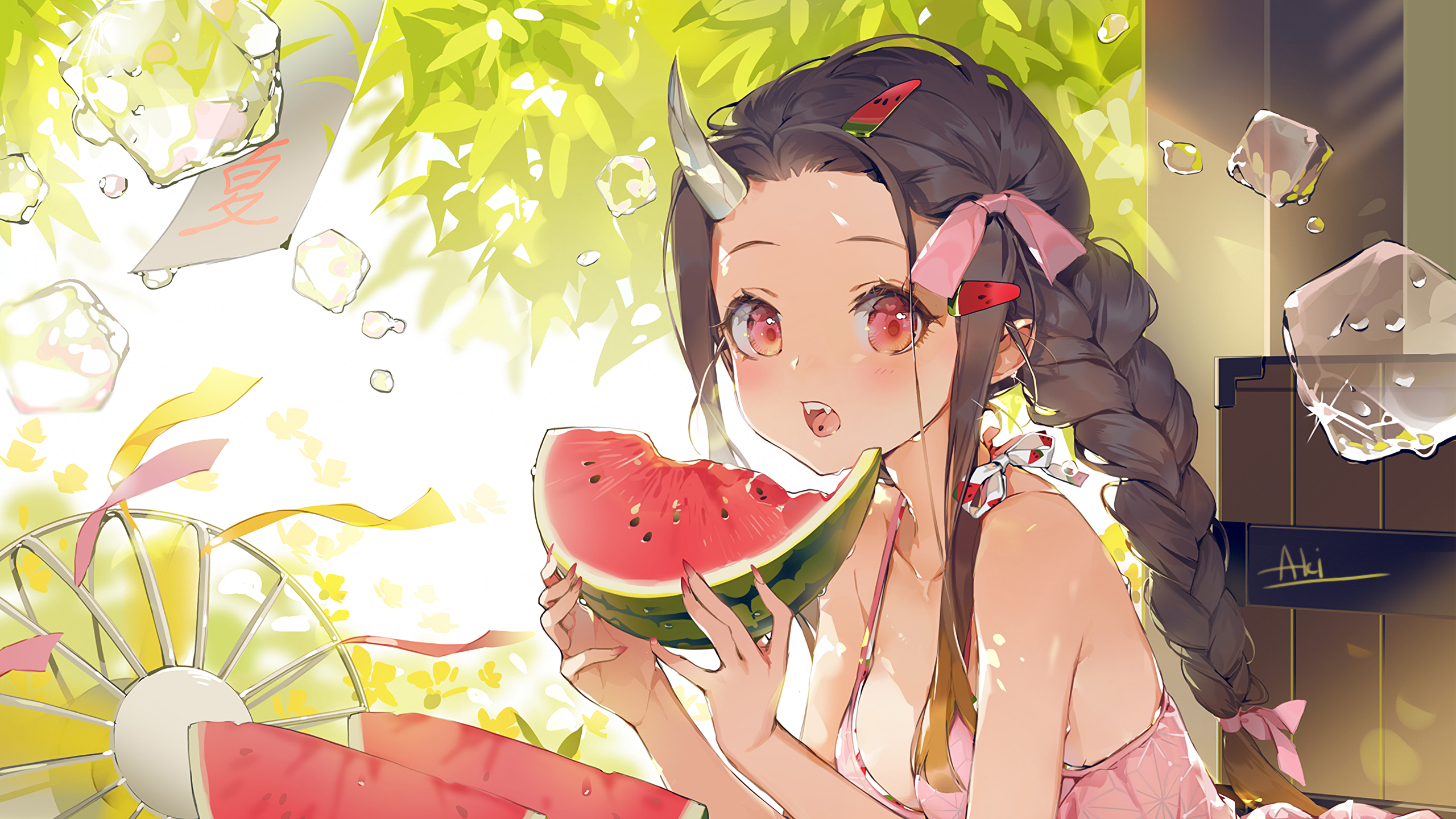Anime Anime Girls Kimetsu No Yaiba Kamado Nezuko Demon Horns Blush Anime Girls Eating Watermelons Ar 2560x1440