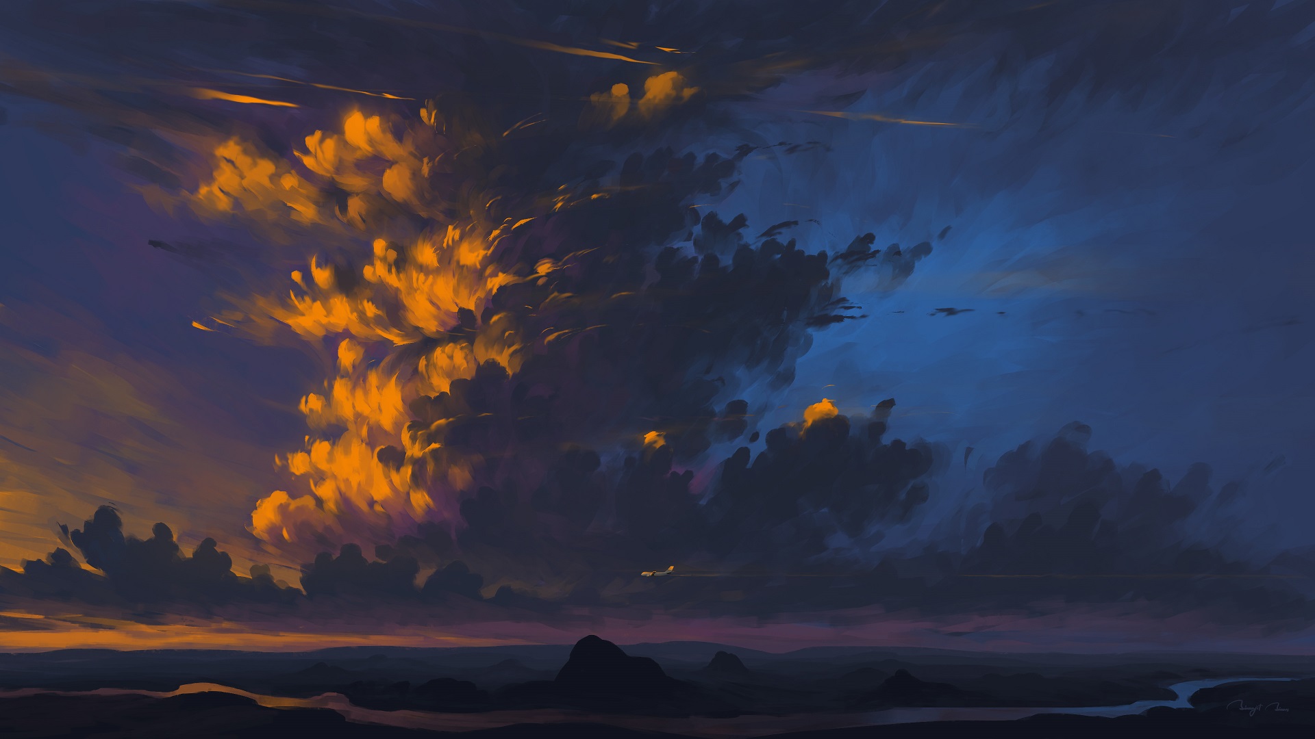 Digital Painting Sky Clouds Aircraft Landscape BisBiswas 1920x1080